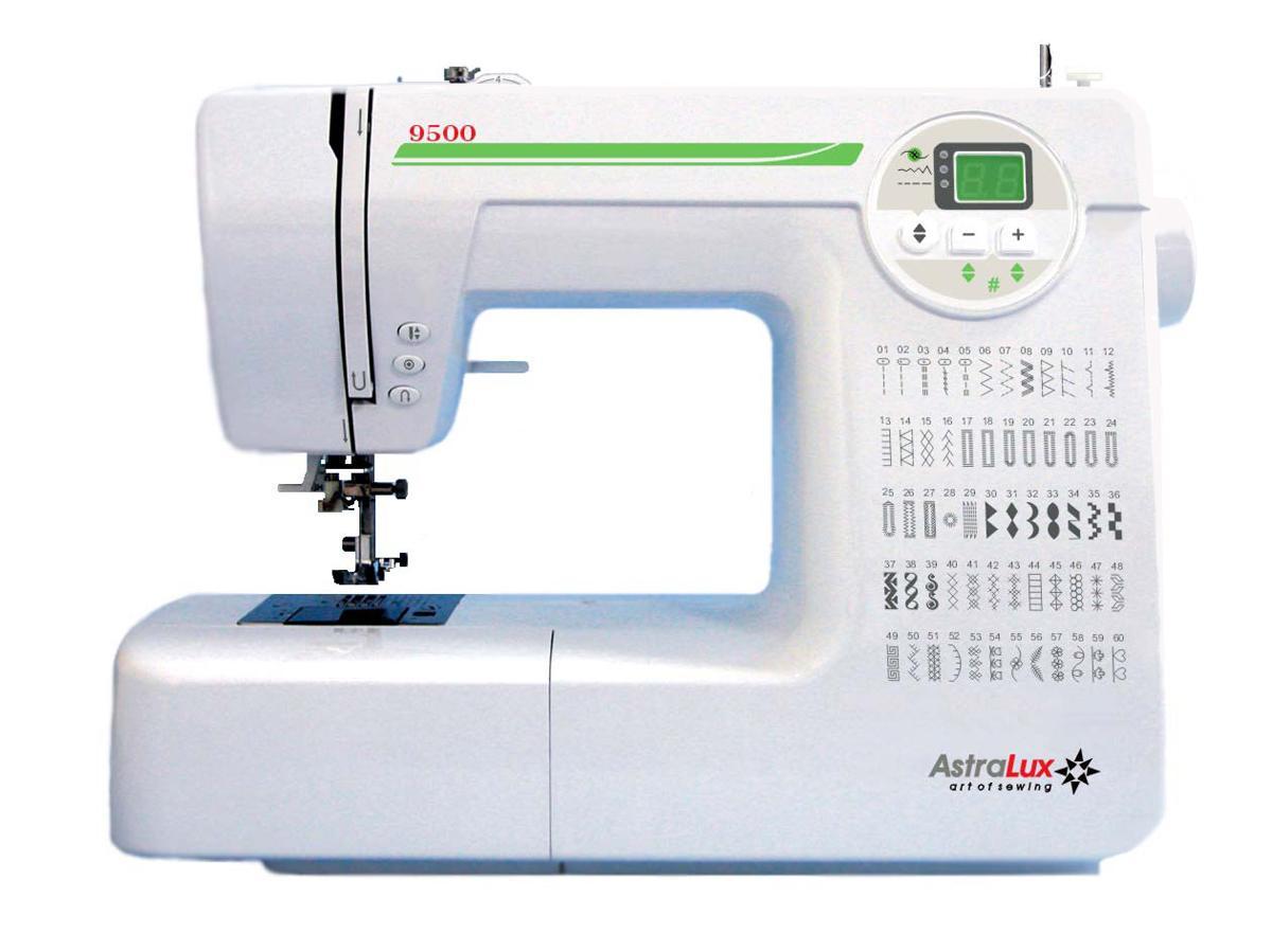 Astralux 9500 швейная машинка9500 Astralux 9500 швейная машинка9500AstraLux 9500 — многофункциональная электронная машина с горизонтальным ротационным челноком, обладающая большим набором операций (60 операций), в том числе 50 строчек и 10 — автоматических петель. Эта модель сможет удовлетворить, как опытную мастерицу, так и у новичка, работа на ней не вызовет трудностей. По душе она придется и любителям квилтинга и пэчворка . Швейная машина надежна и проста в использовании. Это отличный вариант для домашнего использования. С таким богатым набором строчек, вы сможете производить пошив одежды из любой ткани, даже самой плотной. Разработчиками предусмотрен подъем лапки на 11 миллиметров. К особенностям этой модели можно отнести — измерение размера пуговиц, встроенный советник, ЖК-дисплей, расширение рабочей поверхности. Чтобы выполнить столько операций в комплект входит набор таких лапок как: универсальная, оверлочная, направляющая для выстегивания, для пуговиц и молний, декоративных строчек (прозрачная), потайной подшивки низа, автоматического выметывания петли. Швейная машина AstraLux 9500 оборудована эксклюзивной игольной пластиной. Эта универсальная модель позволит создать вам неповторимые предметы декора и одежды.