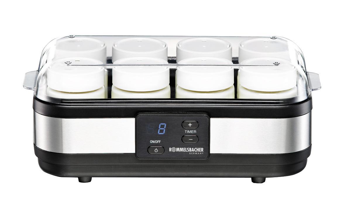 Rommelsbacher JG 40 йогуртницаJG 40 Rommelsbacher JG 40 йогуртницаJG 40ROMMELSBACHER JG 40 - домашняя йогуртница, которая идеально подходит для приготовления йогурта, кефира, ряженки и других кисломолочных продуктов. Вы можете без труда приготовить свой самый любимый молочный продукт для перекуса. Домашний йогурт это совершенно натуральный продукт, без опасных ингредиентов. Употребляя его регулярно, вы укрепляете свое здоровье. За один раз в йогуртнице можно приготовить 1,2 литра полезного молочного продукта. Для этого в комплект включены 8 стеклянных баночек, каждая по по 150 мл, с крышками снабженные винтовой резьбой для более плотного закрывания. Крышки на баночках имеют особую конструкцию, на их поверхности можно установить дату, когда продукт изготовлен. Не надо наклеивать стикеры с датами, все очень просто и удобно. Если вы или ваши дети любят йогурт с фруктами или другими наполнителями, в готовый продукт перед употреблением можно положить любые ягоды или фрукты. На основе йогурта можно приготовить большое количество различных блюд таких как: соусы, пирожные, торты и др. Мощность йогуртницы 40 Вт. Устройство оборудовано таймером до 18 часов и автовыключением со звуковым сигналом. Прибор имеет защиту от перегрева и LCD- дисплей, а так же съемную прозрачную крышку. В комплект входит книга рецептов для йогуртницы и инструкция.