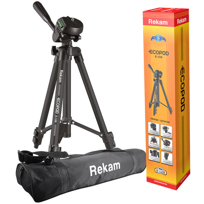 Rekam ECOPOD E-138 штативE-138 Rekam ECOPOD E-138 штативE-138Rekam ECOPOD E-135 - прочный, 3-секционный штатив с облегченной конструкцией из серии ECOPOD. 3-секционная конструкция штатива обладает хорошей устойчивостью, и выдерживает большую нагрузку, чем штативы с 4 секциями. Поперечные перекладины между опорами и центральной штангой помогают быстро установить штатив в ровном положении и увеличивают его устойчивость. Высота ног фиксируются при помощи удобных клипсовых зажимов. Опоры имеют специальные резиновые накладки, позволяющие избежать скольжения.Реечный микролифт с фиксатором и ручкой позволяет осуществлять плавную регулировку высоты штатива. Механизм «головы» обеспечивает плавный ход, высокую степень свободы и возможность поворачивать камеру в вертикальное положение. Управление и фиксация головы осуществляется при помощи ручки. Жидкостный уровень, расположенный на верхней площадке «головы», помогает правильно установить горизонт. Быстросъемная площадка дает возможность оперативно устанавливать и снимать камеру со штатива. Матовое, ударопрочное покрытие черного цвета уменьшает возможность появления бликов и увеличивает износостойкость штатива.