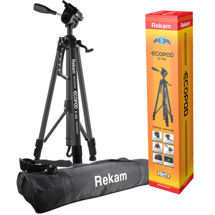 Rekam ECOPOD E-155 штативE-155 Rekam ECOPOD E-155 штативE-155Rekam ECOPOD E-155 - универсальный, 3-секционный штатив из серии ECOPOD. Предназначен для поездок и выездных съемок. Поперечные растяжки между опорами и центральной штангой позволяют установить штатив в ровное положение, не обладая специальными навыками. Опоры с шарнирной конструкцией и резиновыми насадками, способствует лучшему выравниванию, и предотвращают скольжение. Два жидкостных уровня – на центральной части треноги и «голове» штатива – помогают более точно установить линию горизонта.Конструкция штатива обладает повышенной прочностью. Крюк для подвеса груза помогает повысить устойчивость штатива. Секции ног фиксируются при помощи удобных клипсовых зажимов. Реечный микролифт с фиксатором и ручкой позволяет осуществлять плавную регулировку высоты штатива. Матовое, ударопрочное покрытие черного цвета уменьшает возможность появления бликов и увеличивает износостойкость штатива.