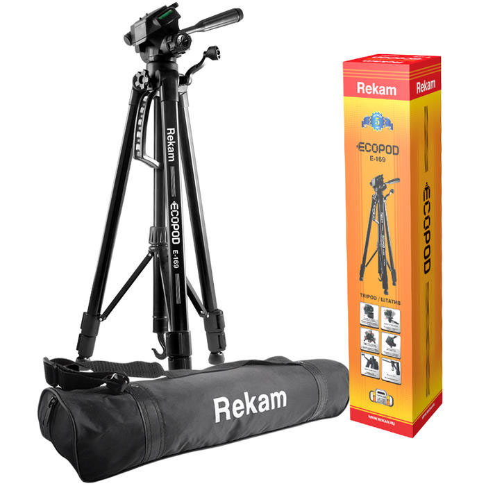 Rekam ECOPOD E-169 штативE-169 Rekam ECOPOD E-169 штативE-169Rekam ECOPOD E-169 - универсальный, 3-секционный штатив из серии ECOPOD. Благодаря прочности и компактным размерам штатив отлично подходит для поездок и выездных съемок. Поперечные растяжки между опорами и центральной штангой позволяют установить штатив в ровное положение, не обладая специальными навыками. Опоры с шарнирной конструкцией и резиновыми насадками, способствует лучшему выравниванию, и предотвращают скольжение. Два жидкостных уровня – на центральной части треноги и «голове» штатива – помогают более точно установить линию горизонта. Конструкция штатива обладает повышенной прочностью. Крюк для подвеса груза помогает повысить устойчивость штатива. Секции ног фиксируются при помощи удобных клипсовых зажимов. Механизм «головы» обеспечивает плавный ход, высокую степень свободы и возможность поворачивать камеру в вертикальное положение. Управление и фиксация «головы» осуществляется при помощи ручки. Съемная площадка для крепления камеры позволяет оперативно установить и снять камеру. Матовое, ударопрочное покрытие черного цвета уменьшает возможность появления бликов и увеличивает износостойкость штатива. В комплект входит прочная и удобная сумка-чехол с регулируемым ремнем через плечо.