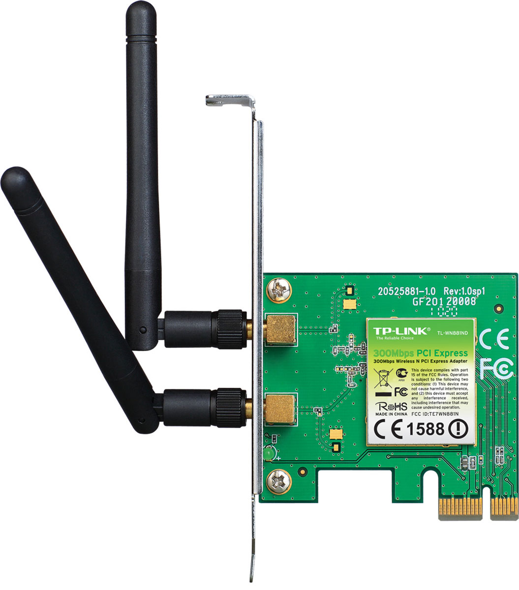 TP-Link TL-WN881ND беспроводной адаптерTL-WN881ND TP-Link TL-WN881ND беспроводной адаптерTL-WN881NDТехнология MIMO (несколько передающих, несколько принимающих антенн) характеризуется более мощными возможностями сокращения потерь данных при передаче на большие расстояния или при преодолении препятствий в небольшом офисе или большой квартире, даже в железобетонном здании. К тому же, вы сможете с легкостью подключиться к беспроводной сети на большом расстоянии, там, где устройства стандарта IEEE 802.11g с этой задачей могут и не справиться.Беспроводной сетевой адаптер серии N на базе шины PCI Express 2.0 (x1) TL-WN881ND позволит вам подключить компьютер к беспроводной сети и получить доступ к сети Интернет через высокоскоростное подключение. Устройство поддерживает стандарт IEEE 802.11n, скоростью передачи данных доходит до 300 Мбит/с, что делает сетевой адаптер идеальным для онлайн-игр и даже для потокового видео высокой четкости.Технология MIMO (несколько передающих, несколько принимающих антенн) характеризуется более мощными возможностями сокращения потерь данных при передаче на большие расстояния или при преодолении препятствий в небольшом офисе или большой квартире, даже в железобетонном здании. К тому же, вы сможете с легкостью подключиться к беспроводной сети на большом расстоянии, там, где устройства стандарта IEEE 802.11g с этой задачей могут и не справиться.