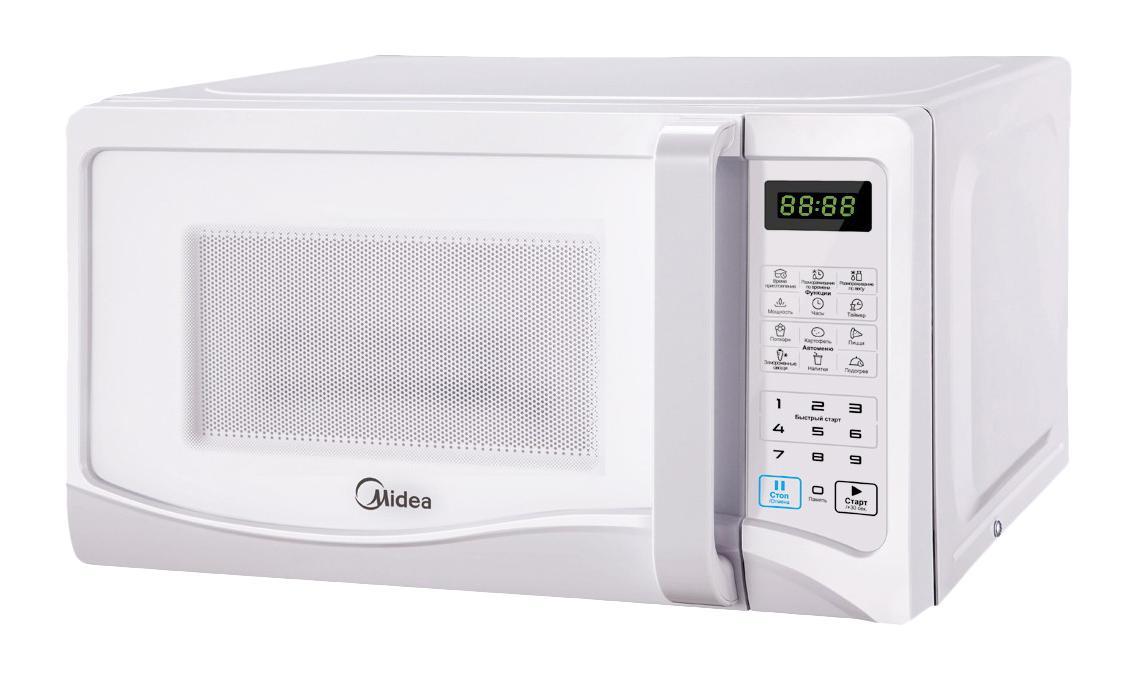 Midea EM720CEE микроволновая печьMWS-2107MW Midea EM720CEE микроволновая печьMWS-2107MWЭлегантная белая микроволновая печь соло Midea EM720CEE объемом 20 литров гармонично впишется в интерьер любой современной кухни. Печь идеально подходит для быстрого и качественного приготовления свежих и замороженных овощей и фруктов, супов, каш, макаронных изделий и риса, мяса и рыбы, а также бережного и эффективного размораживания продуктов и разогрева готовых блюд. Камера печи покрыта инновационной разработкой компании Midea - эмалью легкой очистки Smart Clean (Смарт Клин), которая состоит из специального жаропрочного материала, не пропускающего внутрь запекшийся жир и остатки пищи. Поэтому очищать печь можно значительно быстрее и легче! Модель оснащена пятью режимами автоприготовления, позволяющими вам готовить любимые блюда, просто выбрав тип продуктов и введя их вес. Функция размораживания предназначена для разморозки продуктов согласно их массе – время и уровень мощности корректируются автоматически, как только вы выберете категорию продукта и введете его вес. Также предусмотрен режим разморозки по времени. 11 уровней мощности позволят выбрать оптимальный режим для наиболее качественного приготовления того или иного блюда. Удобный сенсорный тип управления, светодиодный (LED) дисплей, таймер на 99 минут со звуковым сигналом и функция защиты от детей делают микроволновую печь Midea EM720CEE комфортной и безопасной в эксплуатации, она сэкономит ваше время и поможет в ежедневном приготовлении вкусных и полезных блюд для всей семьи.