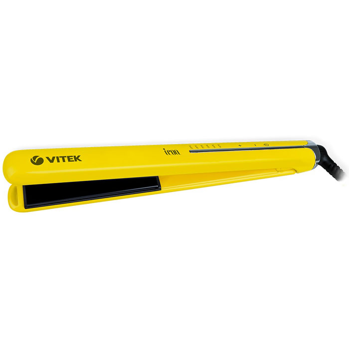 Vitek VT-2312(Y) выпрямитель для волосVT-2312(Y) Vitek VT-2312(Y) выпрямитель для волосVT-2312(Y)Добиться идеально гладких волос или создать роскошные локоны вы можете при помощи выпрямителя Vitek VT-2312(Y). В компактном устройстве предусмотрена уникальная технология покрытия Aqua Ceramic - она равномерно распределяет тепло по поверхности нагревательных пластин, предотвращая пересушивание волос. Одновременно с этим формула Aqua Ceramic в сочетании с оптимальной температурой «запечатывает» чешуйки волос, сохраняя таким образом их естественную влагу, красоту и здоровый блеск. Благодаря использованию технологии Floating plates плавно подвижные закрепленные на пружинах пластины обеспечивают равномерное распределение и давление на волосы, предотвращая их заламывание при укладке.Выпрямитель обеспечен удлиненными (110 мм) нагревательными пластинами шириной 25 мм, которые позволяют эффективнее выпрямлять волосы, и гарантируют быструю укладку. Добиться идеального результата в укладке позволяет быстрый нагрев прибора в течение 30 секунд до температуры, выбранной из шести возможных режимов - для жестких волос, для нормальных волнистых волос средней толщины и для тонких волос, чувствительных к высокой температуре. Даже если Вы забыли выключить выпрямитель, он отключится сам через 60 минут благодаря функции автоотключения. Для вашего удобства устройство оснащено LED-дисплеем, который отображает текущую температуру пластин и позволяет упростить настройку устройства под определенный тип волос. Вращающийся резиновый шнур длиной 1,8 м максимально упрощает работу с выпрямителем, а защитный колпак позволит удобно хранить и перемещать устройство.Регулировка температурыИндикация включения и готовности к работе