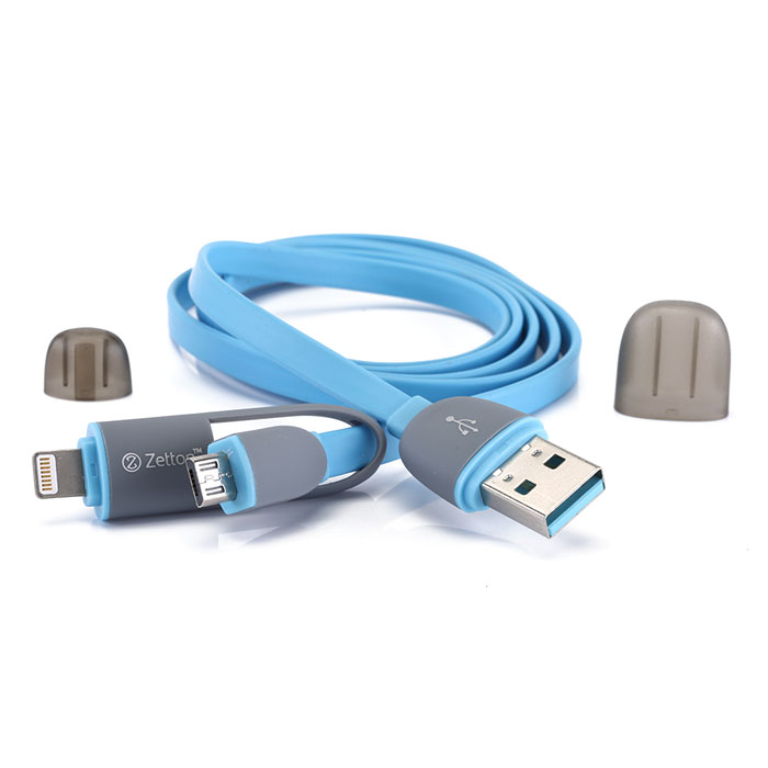 Zetton ZTLSUSB2IN1 USB кабель с разъемами Apple 8 pin/Micro-USB, BlueZTLSUSB2IN1BB Zetton ZTLSUSB2IN1 USB кабель с разъемами Apple 8 pin/Micro-USB, BlueZTLSUSB2IN1BBZetton ZTLSUSB2IN1 - составной плоский кабель, который подходит для зарядки и передачи данных устройств с разъемами microUSB и Lightning. Снабжен защитными колпачками для удобства хранения и транспортировки.
