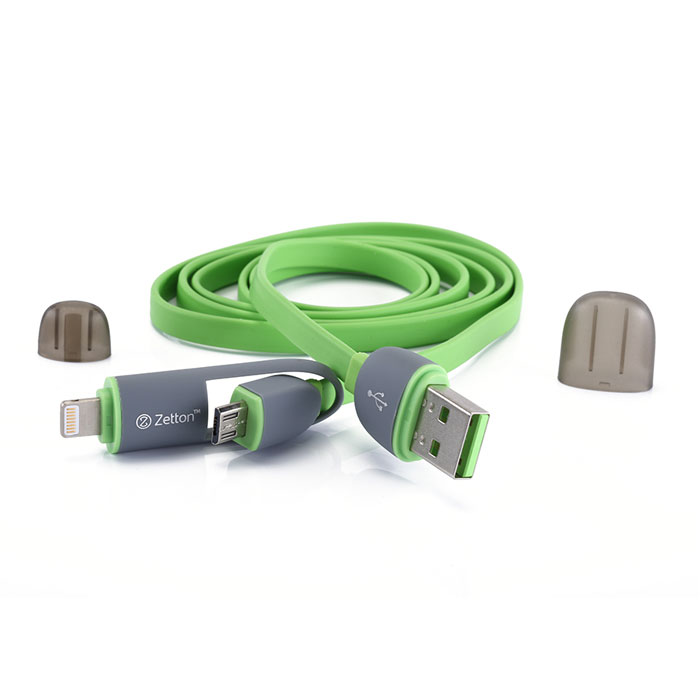 Zetton ZTLSUSB2IN1 USB кабель с разъемами Apple 8 pin/Micro-USB, GreenZTLSUSB2IN1BG Zetton ZTLSUSB2IN1 USB кабель с разъемами Apple 8 pin/Micro-USB, GreenZTLSUSB2IN1BGZetton ZTLSUSB2IN1 - составной плоский кабель, который подходит для зарядки и передачи данных устройств с разъемами microUSB и Lightning. Снабжен защитными колпачками для удобства хранения и транспортировки.