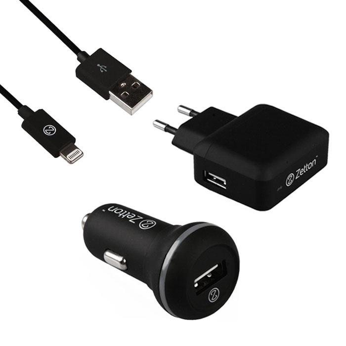 Zetton ZT3IN12A1UA8 3 в 1: АЗУ USB 2,1А + СЗУ USB 2,4А + кабель Apple 8 pinZT3IN12A1UA8 Zetton ZT3IN12A1UA8 3 в 1: АЗУ USB 2,1А + СЗУ USB 2,4А + кабель Apple 8 pinZT3IN12A1UA8Комплект Zetton ZT3IN12A1UA8 состоит из автомобильного зарядного устройства 2.1А с двумя USB выходами, сетевого зарядного устройства 2.4А и кабеля USB-Lightning. С ним вы сможете без проблем заряжать ваше мобильное устройство дома и в пути.