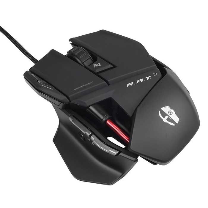 Mad Catz R.A.T.3, Matt Black проводная лазерная игровая мышь (MCB4370300B2/04/1)CCB437030002/04/1 MCB4370300B2/04/1 Mad Catz R.A.T.3, Matt Black проводная лазерная игровая мышь (MCB4370300B2/04/1)CCB437030002/04/1 MCB4370300B2/04/1Игровая мышь Mad Catz R.A.T.3 оснащена шестью программируемыми кнопками, которые предполагают безошибочное нажатие. Данная мышь удобна и для индивидуальных настроек пользователя. Так, Вы можете по своему усмотрению выбрать один из множества вариантов подсветки – выбор будет иметься как в цвете, так и в характере свечения. Для любителей разных игр, которые еще не остановились на одном варианте, мышь оснащена встроенной памятью (три профиля), которые позволяют выбрать нужные настройки мыши на другом компьютере без дополнительного программного обеспечения.