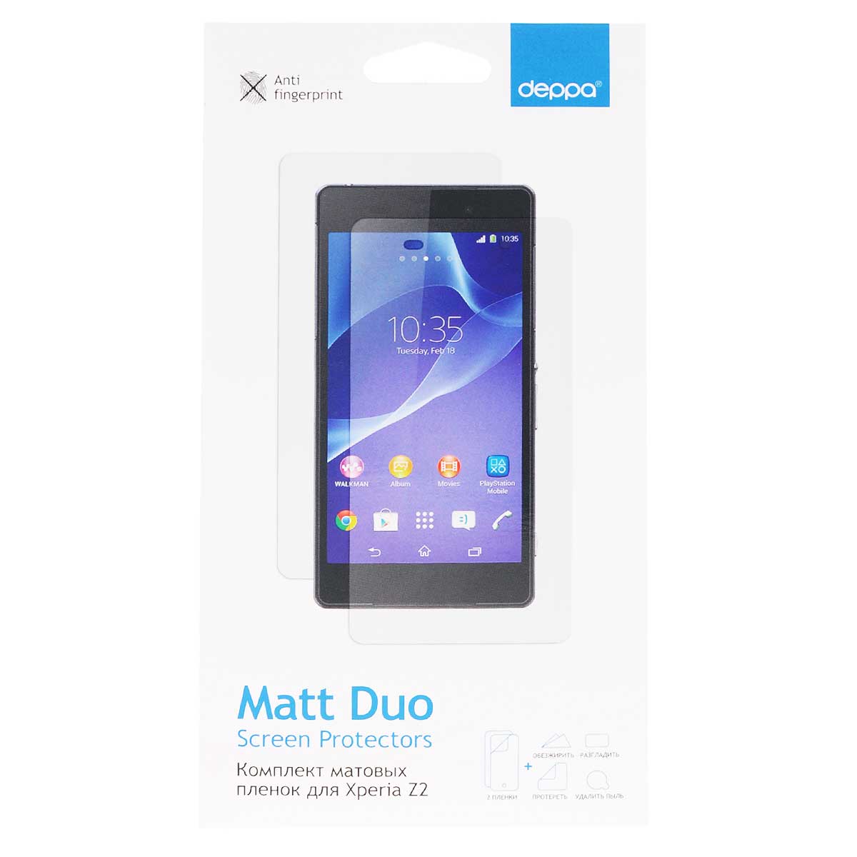 Deppa комплект защитных пленок для Sony Xperia Z2, матовые61318 Deppa комплект защитных пленок для Sony Xperia Z2, матовые61318Комплект матовых пленок Deppa защитит Sony Xperia Z2 от царапин. Пленки изготовлены из трехслойного японского материала PET.