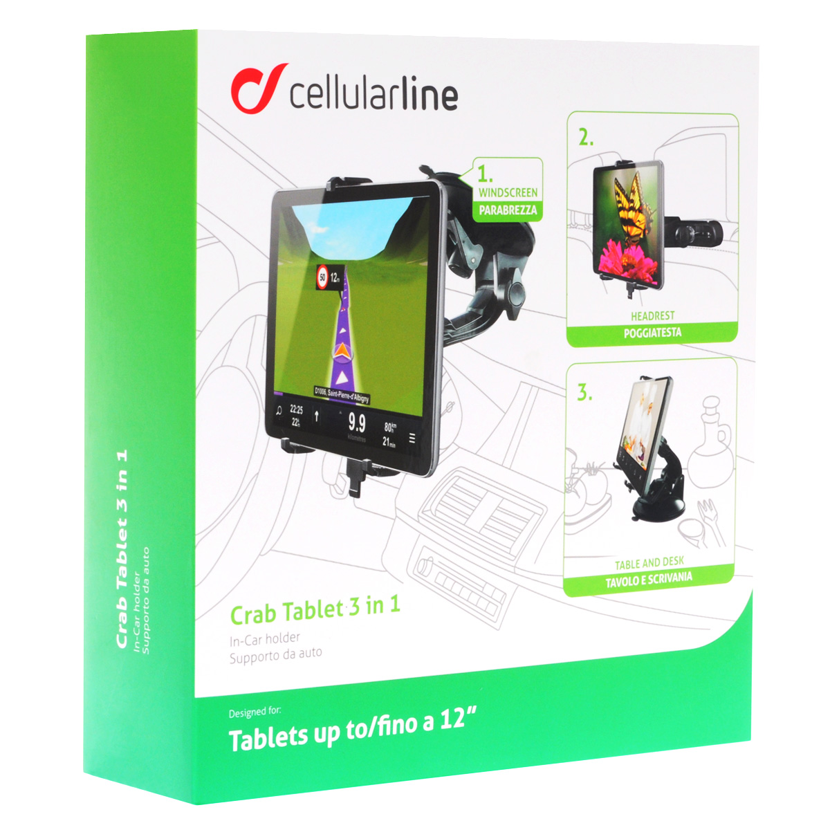 Cellular Line Crab Tablet 3 in 1 автомобильный держатель для планшета до 12 (22681)CRABTABLET3IN1 Cellular Line Crab Tablet 3 in 1 автомобильный держатель для планшета до 12 (22681)CRABTABLET3IN1Cellular Line Crab Tablet 3 in 1 - многофункциональное автомобильное крепление для вашего планшета с диагональю до 12 дюймов. Держатель имеет три различных типа крепления: на лобовое стекло, подголовник и стол. Таким образом, планшет можно использовать как навигатор, или для развлечения пассажиров на заднем сиденье.