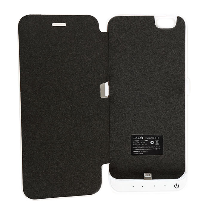 EXEQ HelpinG-iF11 чехол-аккумулятор для iPhone 6, White (3300 мАч, флип-кейс)HelpinG-iF11 WH EXEQ HelpinG-iF11 чехол-аккумулятор для iPhone 6, White (3300 мАч, флип-кейс)HelpinG-iF11 WHЧехол-аккумулятор EXEQ HelpinG-iF11 - это отличное решение для тех, кто не может долго обходиться без смартфона. После долгого использования, как известно, современные телефоны быстро разряжаются. С выходом нового iPhone 6-го поколения, данный стильный портативный аккумулятор просто незаменим. С помощью портативного зарядного устройства вы сможете зарядить свой смартфон абсолютно везде: будь то на улице, в общественном транспорте или в любом другом месте, где рядом не оказалось розетки.Чехол-аккумулятор HelpinG-iF11 заряжает ваш телефон до 100 % и автоматически отключается. Заряда хватает на длительное время. Данное зарядное устройство обладает 4-мя индикаторами состояния заряда батареи. Аккумулятор очень легкий, Вам нет необходимости брать с собой зарядные устройства с проводом, которые путаются в сумке. Такой аккумулятор можно использовать несколько дней!Это устройство такое компактное, что поместится в вашем кармане, либо в сумке. Такой чехол-аккумулятор обеспечит надежную защиту вашему телефону от ударов и царапин.