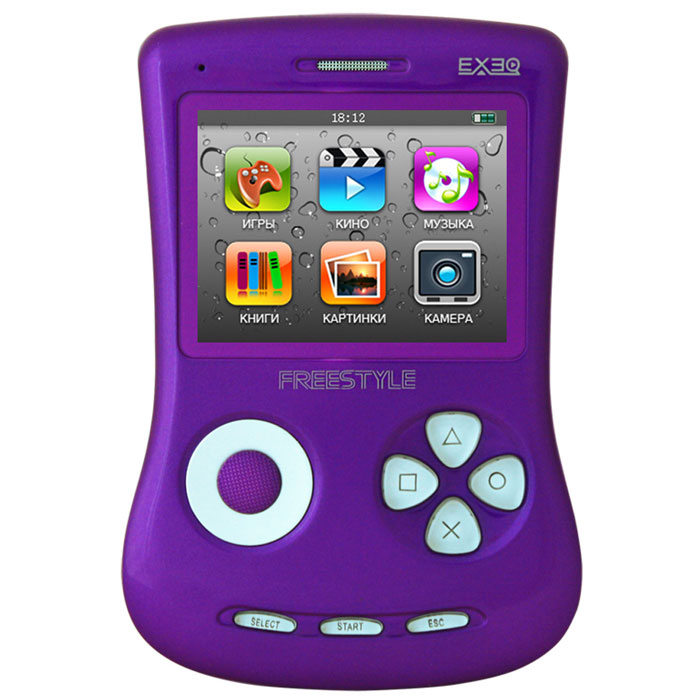 Игровая консоль EXEQ FreeStyle 2,7 (фиолетовая)MP-1002_фиолетовый Игровая консоль EXEQ FreeStyle 2,7 (фиолетовая)MP-1002_фиолетовыйExeq Freestyle - это игровая приставка с богатыми мультимедийными возможностями, позволяющая играть в игры таких форматов, как NES (Dendy), SMD (Mega Drive) и GBA (GameBoy Advance), просматривать фильмы, слушать музыку, радио, читать книги. Оригинальная и стильная форма корпуса, воплощенная в качественном глянцевом пластике, яркий цветной экран, встроенная камера, AV-выход и многие другие приятные особенности приставки не оставят равнодушным к ней ни детей, ни взрослых.Неповторимый дизайн и яркие цвета.Exeq Freestyle - портативная игровая консоль с уникальным дизайном корпуса. В отличие от большинства современных портативных консолей Exeq Freestyle имеет вертикальное расположение - дисплей консоли расположен в верхней части корпуса, а все элементы управления в нижней - под экраном. Удачно дополняет дизайн приставки плавная обтекаемая форма, закругленные кнопки, и глянцевая поверхность. Также на выбор предлагается 8 вариантов цветового исполнения корпуса: белый, черный, синий, красный, желтый, розовый, фиолетовый, зеленый. Яркие цвета приставок удачно дополняет перламутровый эффект.Игровая составляющая.Exeq Freestyle поддерживает игры от Dendy, Sega, Super Nintendo и Game Boy Advance. Консоль отлично воспроизводит двухмерные игры различных жанров, а также трехмерные с улучшенной графикой. В качестве бонуса на приставке уже установлено 700 самых популярных игр каждой из поддерживаемых платформ. Однако при желании Exeq Freestyle легко можно подключить к компьютеру и пополнить коллекцию новыми играми. Для хранения игр приставка имеет 4 Gb встроенной памяти, а также поддерживает карты формата Micro SD.Просмотр видео.Exeq Freestyle оснащен ярким и контрастным дисплеем с диагональю в 2,7 дюйма (68 мм), этого вполне достаточно для просмотра видео, особенно если вы хотите скоротать время в дороге или на отдыхе: компактные размеры консоли позволят удобно разместить ее на ладони во время просмотра. Exeq Freestyle способен воспроизводить видео многих форматов - RRM, RMVB, AVI, FLV, 3GP, MP4, ASF, WAV, DAT, MPG. При просмотре громкость видео можно регулировать нажатием аналогового джойстика вверх/вниз, перемотку видеофайла можно осуществить при помощи длительного удержания джойстика влево/вправо.Аудиоплеер.Игровую консоль Exeq Freestyle легко можно превратить в яркий и стильный плеер. Приставка поддерживает самые популярные музыкальные форматы (MP3, WMA, WMA, AAC, FLAC, APE), а встроенного литий-полимерного аккумулятора емкостью 900 мАч хватит на приятное прослушивание музыки не менее 6 часов подряд. Также в комплекте с консолью идут стильные фирменные наушники, а аудиоплеер консоли имеет самые необходимые настройки - режим воспроизведения (случайный, повтор) и стиль воспроизведения (5 вариантов звучания музыки). Надоело слушать записанные мелодии - включите функцию Радио с памятью на 20 каналов.Фото/видео камера и прочие возможности консоли.Компактная консоль Exeq Freestyle порадует своих обладателей массой дополнительных функций. Так, консоль оснащена камерой, при помощи которой можно делать фотоснимки и снимать видео со звуком небольшого разрешения. Отснятые фотографии или загруженные картинки можно просматривать в режиме слайд-шоу, а также при фоновом включении аудиоплеера. При желании приставка может использоваться и как электронная книга - устройство поддерживает тексты формата TXT. Среди прочих возможностей консоли следует выделить наличие будильника и диктофона.Подключения.Exeq Freestyle оснащен AV-выходом, а в комплекте с консолью идет AV-кабель. Любое изображение, видео или игру можно вывести на экран телевизора и наслаждаться большеформатным воспроизведением. Для записи новых игр, музыкальных и видео файлов консоль подключается к компьютеру посредством USB-кабеля, который также идет в комплекте.Дисплей: 2,7 LCD с разрешением 320х240 точекВстроенная память: 4 ГбВремя работы без подзарядки: около 6 часовРазъемы: AV-выход (видео + аудио), PAL/NTSC, выход для наушников, USBКарты памяти: MicroSD, объёмом до 16 ГбЗарядка: через сетевой адаптер или от ПК через USBАудио: MP3, WMA, WMA, AAC, FLAC, APE и другие музыкальные форматыВидео: RRM, RMVB, AVI, FLV, 3GP, MP4, ASF, WAV, DAT, MPG и другие видео форматыИзображения: JPEG, BMP, GIF, PNG полноэкранный просмотр, слайд-шоуЭлектронная книга: ТХТИгры: 8, 16, 32 bit, NES, SMD, GBA, GBC, GB, SMC, BINКамера: фото/видео-камера, 0.3 МпиксПриложения: предустановленные игры, календарь, часы, калькулятор, секундомер