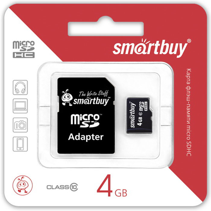 SmartBuy microSDHC Сlass 10 4GB карта памяти (с адаптером SD)SB4GBSDCL10-01 SmartBuy microSDHC Сlass 10 4GB карта памяти (с адаптером SD)SB4GBSDCL10-01Высоко скоростная 4-гигабайтная карта памяти SmartBuy microSDHC Сlass 10 4GB. Помимо высокой скорости работы и достаточно большого размера памяти карта памяти SmartBuy microSDHC Сlass 10 4GB отличается своей надежностью хранения информации. Несмотря на маленькие размеры карты памяти, она является идеальным вариантом хранения цифровой информации в устройствах с поддержкой MicroSDHC, miniSD, SD.