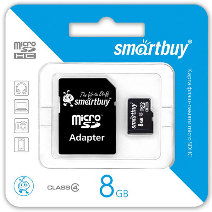 SmartBuy microSDHC Сlass 4 8GB карта памяти (с адаптером SD)SB8GBSDCL4-01 SmartBuy microSDHC Сlass 4 8GB карта памяти (с адаптером SD)SB8GBSDCL4-01Высоко скоростная 8-гигабайтная карта памяти SmartBuy microSDHC Сlass 4 8GB. Помимо высокой скорости работы и достаточно большого размера памяти карта памяти отличается своей надежностью хранения информации. Несмотря на маленькие размеры карты памяти, она является идеальным вариантом хранения цифровой информации в устройствах с поддержкой MicroSDHC, miniSD, SD.