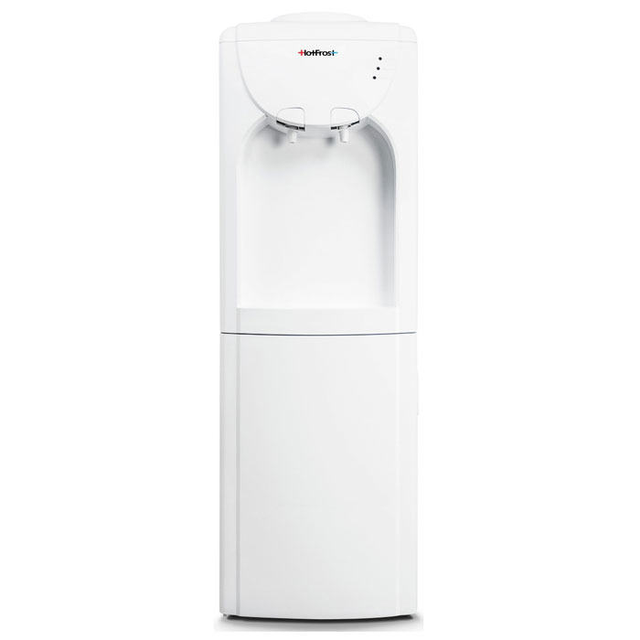 HotFrost V220CF кулер для воды4630004841284 HotFrost V220CF кулер для воды4630004841284HotFrost V220CF - кулер для воды с функцией нагрева возможностью подачи воды с температурой окружающей среды.Данная модель с первого взгляда покорит сердце настоящего любителя минимализма. И вправду, на передней панели V220CF нет ни одной лишней детали, которая выбивалась бы из общего облика модели. Сверху расположилась ниша для размещения и наполнения водой стаканов и чашек. Подача воды в этой модели осуществляется с помощью двух небольших кранов. Вместо «лепестков» в V220CF используются кнопки, не выступающие над поверхностью кулера. Чуть выше и правее находятся индикаторы работы аппарата, которые будут оповещать владельца диспенсера о том, в каком режиме техника находится на данный момент времени. Нижняя часть корпуса традиционно отведена под шкафчик объемом 14 литров, скрытый за белой дверцей. Корпус диспенсера выполнен из прочного пластика. Загрузка бутыли выполняется стандартно, то есть, сверху.