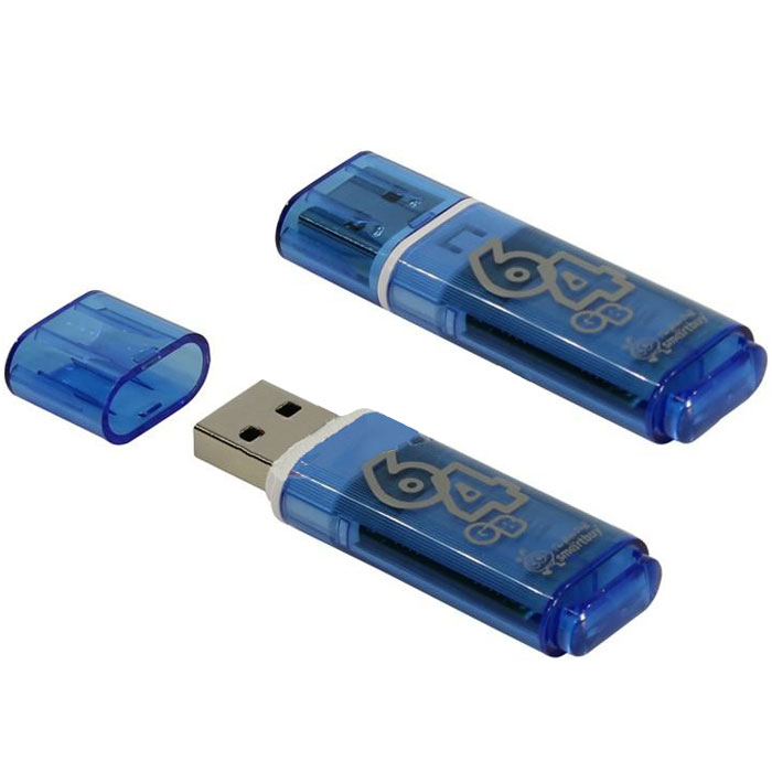 SmartBuy Glossy Series 64GB, Blue USB-накопительSB64GBGS-B SmartBuy Glossy Series 64GB, Blue USB-накопительSB64GBGS-BКорпус USB-накопителя SmartBuy Glossy Series 64GB сделан из прозрачного пластика с белой полоской, проходящей между корпусом и колпачком. Glossy оборудован специальной системой для крепления колпачка - с помощью скобки он фиксируется между двумя выступающими пластинками на устройстве. Это очень удобно и минимизирует вероятность потери защитного колпачка. За эту же скобку устройство можно прикрепить к шнурку, чтобы накопитель всегда был под рукой.Пропускная способность интерфейса: 480 Мбит/секСовместим с: Windows 7, Windows 8, Windows Vista, Windows XP, Windows 2000, Linux, MAC OS X