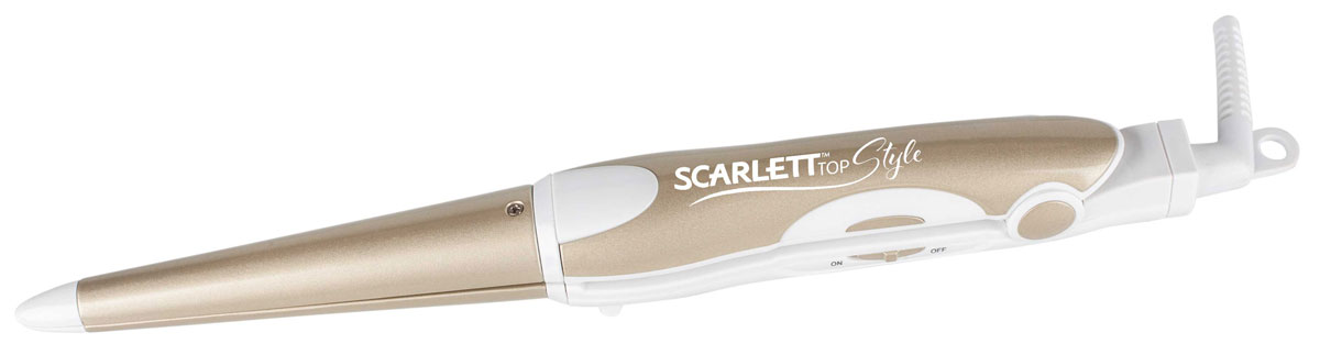 Scarlett Top Style SC-HS60599, White Gold мультистайлерSC-HS60599 Scarlett Top Style SC-HS60599, White Gold мультистайлерSC-HS60599Особая конусная форма стайлера Scarlett SC-HS60599 позволяет добиваться трех вариантов укладки: локоны, объемные у корней, обычные кудри или идеально прямые волосы. Плоский нагревательный элемент обеспечивает равномерный нагрев пластин. Идеально подходит для любой длины волос.