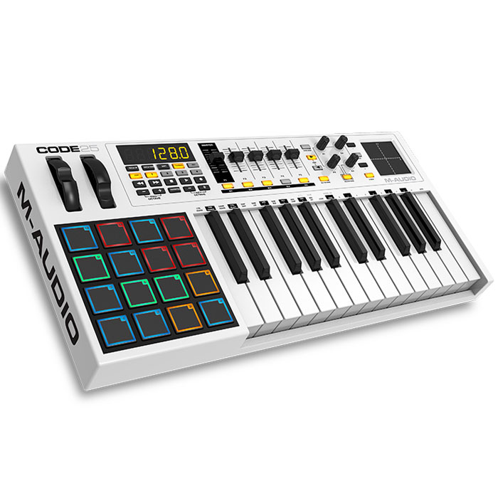 M-Audio Code 25 midi-клавиатураMCI53474 M-Audio Code 25 midi-клавиатураMCI53474Midi-контроллер M-Audio Code 25, выполненный в дизайнерском стиле «Mondrian-esque», поражающий воображение.Code контроллеры оборудованы всем необходимым для создания самого серьезного музыкального творения. Обширные параметры назначаемых регуляторов, банк фейдеров, ручки, кнопки, пэды и колеса модуляции и тона уже знакомы нашему взору, а новое в линейке контроллеров это X/Y Touchpad, который дает дополнительное и прямое взаимодействие с параметрами плагинов эффектов и инструментов через X/Y ось. Плюс клавиатура может быть разделена на 4 назначаемые зоны для максимальной гибкости и функциональности. Почти каждое DAW использует сочетание клавиш для выполнения общих функций (добавление треков, вырезание, вставка и т. д). теперь с поддержкой ASCII/HID команды сочетания клавиш можно сопоставить часто используемые прямо в сам контроллер, упорядочив рабочий процесс и сделав его более быстрым и эффективным. Code также поддерживает Mackie Control/HUI режим управления и поэтому вы можете работать с любым DAW с минимальными настройками. Code имеет 16 назначаемых, чувствительных к скорости нажатия барабанных пэдов с RGB подсветкой. Ручки, кнопки и фейдеры также имеют цветовую кодировку, показывая какой режим на них установлен. Буквенно-цифровой LED дисплей информирует о параметрах и настройках. Нет никакой путаницы, никаких догадок только точный контроль. Плюс в комплект входит программное обеспечение Ableton Live Lite, полная версия AIR Music Technology виртуальных инструментов Loom и Hybrid 3.0 - так что вы имеете доступ к лучшим инструментам для вашего творчества.Особенности:25 полноразмерных полувзвешенных клавиш с функцией aftertouch;16 пэдов со светодиодной RGB-подсветкой, чувствительных к скорости нажатия;режим Split с разделением клавиатуры на 4 зоны;X-Y тачпад;5 назначаемых слайдеров и 4 вращаемых регуляторов;колёса Pitch Bend и Modulation;кнопки управления транспортными функциями;совместимость с Mackie Control и HUI;питание по шине USB для удобства использования;5-пиновый MIDI-вход и выход для управления внешним синтезатором;входы для sustain-педали и педали экспрессии;6-разрядный светодиодный дисплей.Интерфейс: USB; 5-пиновый MIDI-вход и выход для управления внешним синтезатором; Входы для sustain-педали и педали экспрессии