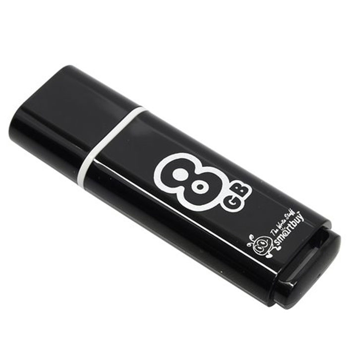 SmartBuy Glossy Series 8GB, Black USB-накопительSB8GBGS-K SmartBuy Glossy Series 8GB, Black USB-накопительSB8GBGS-KКорпус USB-накопителя SmartBuy Glossy Series 8GB сделан из прозрачного пластика с белой полоской, проходящей между корпусом и колпачком. Glossy оборудован специальной системой для крепления колпачка - с помощью скобки он фиксируется между двумя выступающими пластинками на устройстве. Это очень удобно и минимизирует вероятность потери защитного колпачка. За эту же скобку устройство можно прикрепить к шнурку, чтобы накопитель всегда был под рукой.Пропускная способность интерфейса: 480 Мбит/секСовместим с: Windows 7, Windows 8, Windows Vista, Windows XP, Windows 2000, Linux, MAC OS X