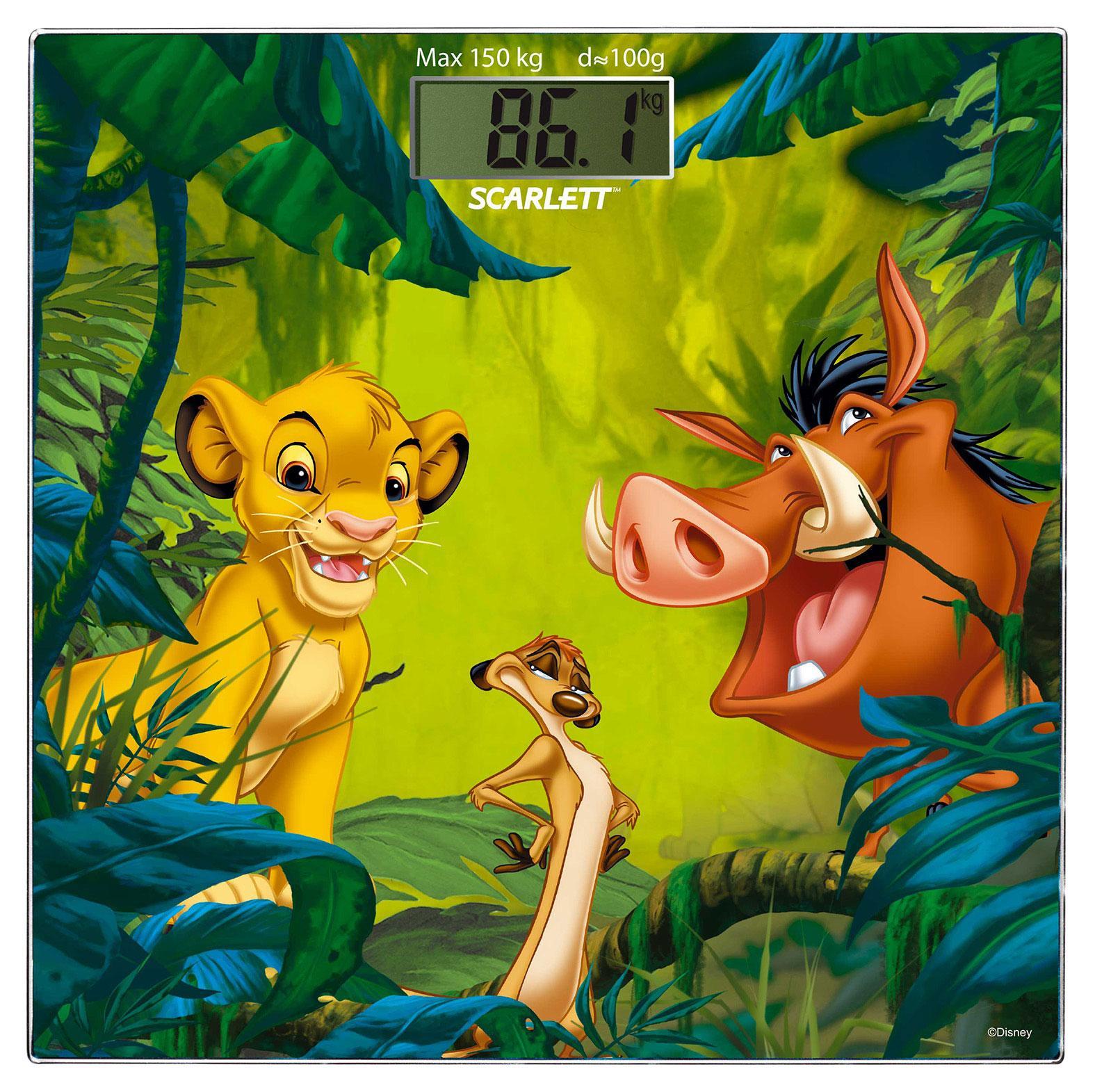 Scarlett SC-BSD33E894 Lion King весы напольные электронныеSC-BSD33E894 Scarlett SC-BSD33E894 Lion King весы напольные электронныеSC-BSD33E894Напольные весы Scarlett SC-BSD33E894 изготовлены из ударопрочного стекла (толщина платформы всего 5 мм) и оформлены изображениями главных персонажей известного мультфильма Король лев. Весы имеют стандартную точность измерения, равную 100 грамм. Устройство измеряет массу тела в килограммах и работает от батарейки типа CR2032(1 шт). Электронный дисплей размером 74 х 28,5 мм отображает большие цифры, которые можно будет увидеть с высоты человеческого роста. Также данная модель имеет прорезиненные ножки, для большей устойчивости.