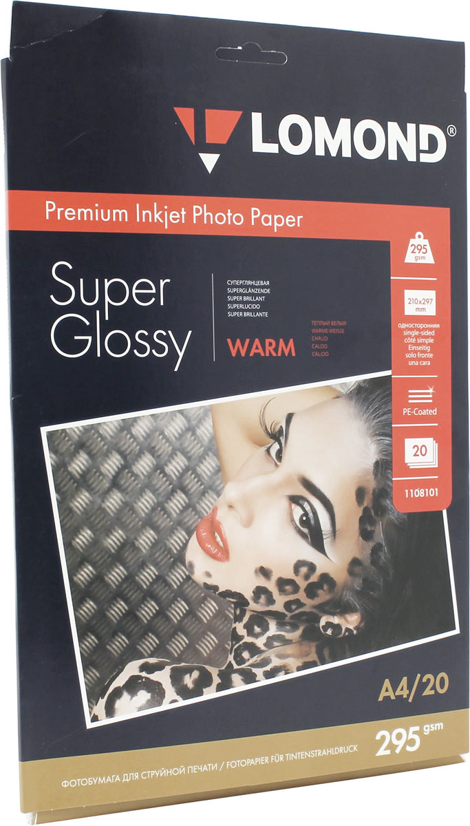 Lomond Super Glossy Warm 295/A4/20л суперглянцевая тепло-белая1108101 Lomond Super Glossy Warm 295/A4/20л суперглянцевая тепло-белая1108101Суперглянцевая микропористая фотобумага Lomond для струйной печати.Микропористое покрытие обеспечивает столь же высокое качество печати, как и традиционная фотография. Себестоимость отпечатков на бумаге Lomond Premium Photo c использованием картриджей Lomond - ниже, чем стоимость отпечатков, получаемых по традиционной технологии с использованием химических реактивов. Благодаря полиэстеровому покрытию бумажной основы бумага Lomond Premium Photo совершенно не подвержена короблению после прохода через принтер даже при самой интенсивной заливке чернилами.Модификация Super Glossy по фактуре поверхности наиболее близка к традиционной химической фотобумаге. Отпечатки отличаются высоким глянцем.