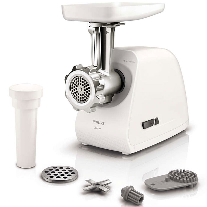 Philips HR2741/00, White Grey мясорубкаHR2741/00 Philips HR2741/00, White Grey мясорубкаHR2741/00Мясорубка Philips HR2741/00 оснащена мощным мотором, металлическим шнеком, качественным ножом и решетками из нержавеющей стали. После приготовления фарша мясорубку легко очищать благодаря специальному аксессуару для очистки и инновационной камере подачи мяса IntraClean.Обработка до 2,9 кг фарша в минуту без усилий! Простое и быстрое приготовление фарша обеспечивается благодаря мощному мотору: 600 Вт (номинальная мощность), 2000 Вт (максимальная мощность). Нож из нержавеющей стали гигиеничен и остается острым.Инновационная открывающаяся камера подачи мяса с технологией IntraClean служит для простой и эффективной очистки. Инновационный 2-сторонний аксессуар сокращает время очистки на 50 %. После приготовления фарша просто поместите решетку для мяса на аксессуар для очистки и промойте под струей воды! Больше никаких мучений с очисткой забившихся отверстий решетки! Автоматическая подача обеспечивает удобное приготовление фарша. Нож на шнеке невозможно установить неправильно.