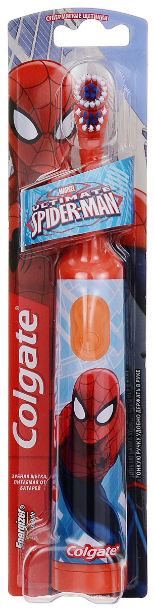 Colgate Зубная щетка Spider-Man, электрическая, с мягкой щетиной, цвет: оранжевыйFCN10038_оранжевый Colgate Зубная щетка Spider-Man, электрическая, с мягкой щетиной, цвет: оранжевыйFCN10038_оранжевыйColgate Spider-Man - детская электрическая зубная щетка с мягкой щетиной. Маленькая вибрирующая головка с очень мягкими щетинками очищает детские зубы и бережно удаляет налет. Она идеально подходит для развития навыков гигиены полости рта, а благодаря яркому, привлекательному дизайну ежедневная чистка зубов станет удовольствием для вашего ребенка. Эргономичная ручка не скользит в ладони, амортизирует давление руки на нежную поверхность десен. Разноуровневые щетинки тщательно очищают как маленькие, так и большие зубы. Зубная щетка работает от двух батареек типа ААА. Батарейки в комплекте.