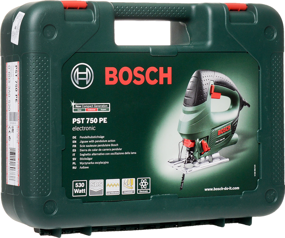 Электролобзик Bosch PST 750 PE 06033A052006033A0520 Электролобзик Bosch PST 750 PE 06033A052006033A0520Лобзик Bosch PST 750 PE (06033A0520) с 4-ступенчатым маятниковым ходом предназначен для прямых и фигурных резов различных материалов. Замена пилки происходит без помощи дополнительного инструмента. Система Low Vibration снижает уровень вибрации, передаваемой на рукоятку - для комфортной длительной работы. Точные пропилы и предотвращение перелома режущего инструмента благодаря опорному ролику. Функция сдува опилок обеспечит видимость линии реза, а подключение к пылесосу - чистоту процесса.Кейс в комплекте.