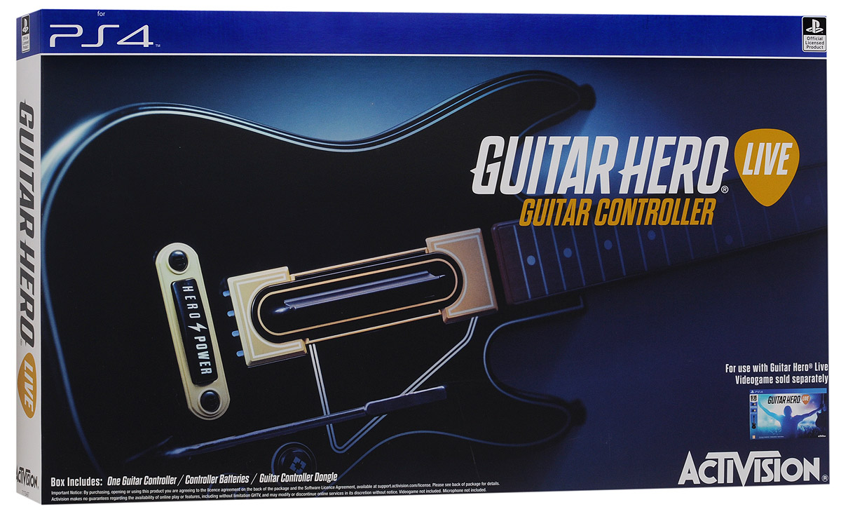 Guitar Hero Live Controller PS4. Гитара2960740 Guitar Hero Live Controller PS4. Гитара2960740Игровой контроллер-гитара Guitar Hero Live Controller полностью отражает новый стиль и реалистичность игры Guitar Hero Live. На грифе гитары расположено два ряда по 3 кнопки в каждом, что обеспечивает расширенные возможности при воспроизведении аккордов. Также предусмотрено три уровня использования возможностей контроллера: для начинающих, обычных и опытных игроков. Классическая форма гитары поможет вам показать свой талант во время игры!Если вы новичок, тогда можете использовать во время игры только три кнопки! Вы мастер Guitar Hero - тогда игра предоставит серьезные испытания для ваших пальцев!Кнопка GHTV (игровая музыкальная видеосеть) позволяет перейти прямо в GHTV из любой игры. Играя в режиме GH Live, игрок будет выступать на сцене и видеть толпу зрителей от первого лица, в зависимости от мастерства исполнения, купаться в аплодисментах или видеть их недовольство Вы можете играть под сотни музыкальных видеоклипов из обширной библиотеки GHTV или соревноваться с друзьями в сети.Внимание: Гитара не является мультиплатформенным контроллером!