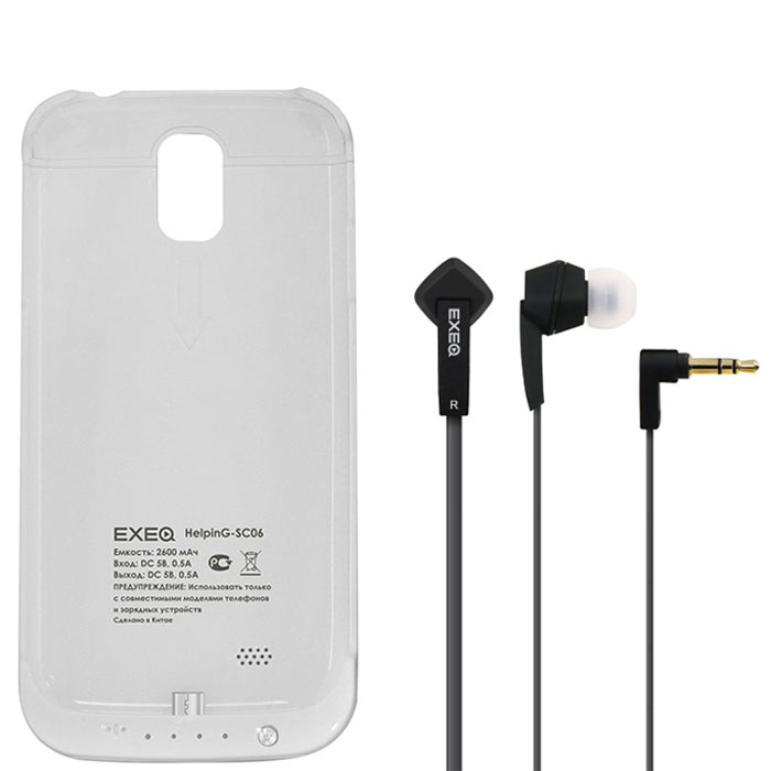 EXEQ HelpinG-SC06 чехол-аккумулятор для Samsung Galaxy S4, White (2600 мАч, клип-кейс)HelpinG-SC06 WH EXEQ HelpinG-SC06 чехол-аккумулятор для Samsung Galaxy S4, White (2600 мАч, клип-кейс)HelpinG-SC06 WHExeq HelpinG-SС06 – универсальный аксессуар, благодаря которому ваш смартфон не только будет надежно защищен, но обеспечен своевременной подзарядкой! Exeq HelpinG-SС06 выполнен из прочного прорезиненного пластика, который надежно защитит смартфон от ударов, царапин и загрязнений. Встроенный аккумулятор емкостью в 2600 мАч обеспечит подзарядку батареи смартфона в самые нужные моменты его использования.В качестве приятного дополнения Exeq HelpinG-SС06 имеет откидывающуюся подставку. Специальная конструкция чехла с выдвижной верхней частью позволит удобно и надежно поместить телефон в чехол, а при необходимости легко и быстро достать телефон из чехла. Хотя извлекать телефон из надежного Exeq HelpinG-SС06 вам вряд ли понадобится – заряжать телефон можно непосредственно в чехле, подключив к нему зарядное устройство телефона и нажав кнопку питания на чехле. Если кнопку питания не нажимать, то будет происходить зарядка чехла-аккумулятора. Аналогично происходит и подключение телефона к компьютеру – чехол-аккумулятор обеспечивает идеальную передачу данных между смартфоном и другими электронными устройствами.В комплект также входят высококачественные наушники Exeq HPC-002 с плоским кабелем с защитой от спутывания. Для блокировки нежелательных шумов в комплекте с наушниками поставляются мягкие силиконовые амбушюры 3-х размеров, которые удобно помещаются в ушах и не оказывают давления на ушную раковину. Прочный L-образный штекер с позолоченным коннектором 3,5 мм позволит комфортно подключить Exeq HPC-002 ко многим портативным устройствам.Технические характеристики Exeq HPC-002:Частотный диапазон: 19-20000 ГцДинамики: 10 ммЧувствительность: 105 дБИмпеданс: 16 ОмДлина кабеля: 1,3 м