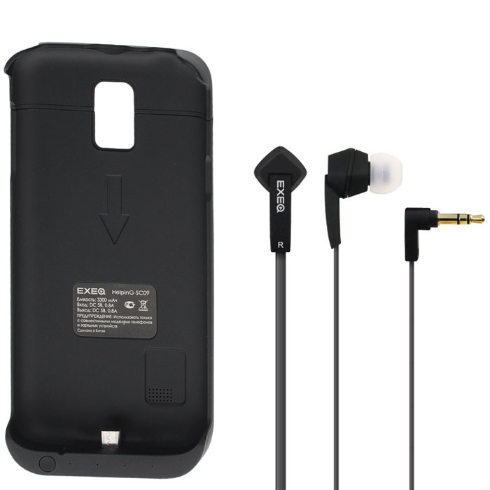 EXEQ HelpinG-SC09 чехол-аккумулятор для Samsung Galaxy S5 mini, Black (3300 мАч, клип-кейс)HelpinG-SC09 BL EXEQ HelpinG-SC09 чехол-аккумулятор для Samsung Galaxy S5 mini, Black (3300 мАч, клип-кейс)HelpinG-SC09 BLExeq HelpinG-SC09 – компактный и надежный чехол-аккумулятор для Samsung Galaxy S5 mini. Как чехол Exeq HelpinG-SC09 надежно защитит заднюю панель вашего смартфона от ударов, царапин и загрязнений, как внешний аккумулятор с емкостью в 3300 мАч Exeq HelpinG-SC09 обеспечит дополнительную подпитку батареи смартфона в самые необходимые моменты. При этом чехол-аккумулятор имеет настолько компактные размеры, что его подсоединение практически не повлияет на габариты самого смартфона. Да и весит чехол с аккумулятором всего 69 г, что также не сильно утяжелит ваш любимый смартфон.В качестве приятного дополнения Exeq HelpinG-SC09 имеет выдвижную подставку. Специальная конструкция чехла с выдвижной верхней частью позволит удобно и надежно поместить телефон в чехол, а при необходимости, легко и быстро достать телефон из чехла. Хотя извлекать телефон из надежного аксессуара вам вряд ли понадобится – заряжать телефон можно непосредственно в чехле, подключив к нему зарядное устройство телефона и нажав кнопку питания на чехле. Если кнопку питания не нажимать, то будет происходить зарядка чехла-аккумулятора. Состояние уровня заряда батареи чехла-аккумулятора отражают 4 индикатора на нижней части корпуса аксессуара (каждый индикатор отвечает за уровень батареи в 25%).В комплект также входят высококачественные наушники Exeq HPC-002 с плоским кабелем с защитой от спутывания. Для блокировки нежелательных шумов в комплекте с наушниками поставляются мягкие силиконовые амбушюры 3-х размеров, которые удобно помещаются в ушах и не оказывают давления на ушную раковину. Прочный L-образный штекер с позолоченным коннектором 3,5 мм позволит комфортно подключить Exeq HPC-002 ко многим портативным устройствам.Технические характеристики Exeq HPC-002:Частотный диапазон: 19-20000 ГцДинамики: 10 ммЧувствительность: 105 дБИмпеданс: 16 ОмДлина кабеля: 1,3 м