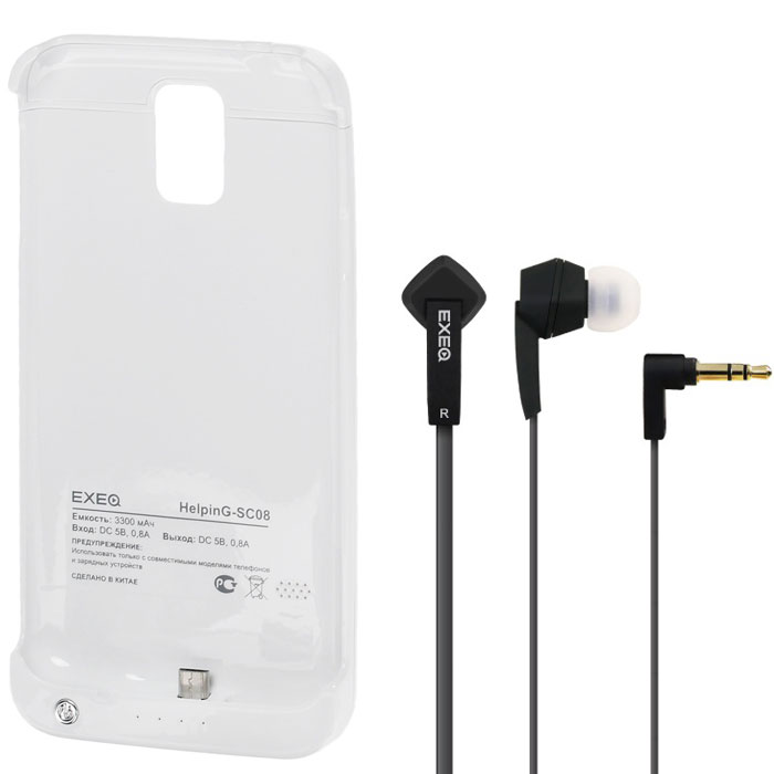 EXEQ HelpinG-SC08 чехол-аккумулятор для Samsung Galaxy S5, White (3300 мАч, клип-кейс)HelpinG-SC08 WH EXEQ HelpinG-SC08 чехол-аккумулятор для Samsung Galaxy S5, White (3300 мАч, клип-кейс)HelpinG-SC08 WHExeq HelpinG-SС08 – универсальный аксессуар, благодаря которому ваш смартфон не только будет надежно защищен, но и обеспечен своевременной подзарядкой! Exeq HelpinG-SС08 выполнен из прочного прорезиненного пластика, который надежно защитит смартфон от ударов, царапин и загрязнений. Встроенный аккумулятор емкостью в 3300 мАч обеспечит своевременную подзарядку батареи смартфона в самые необходимые моменты его использования.Также чехол Exeq HelpinG-SС08 оборудован встроенной подставкой, которая позволит надежно закрепить телефон в горизонтальном положении, например для просмотра видео, чтения электронных книг. Заряжается чехол-аккумулятор Exeq HelpinG-SС08 от зарядного устройства телефона, причем заряжать оба устройства можно не извлекая телефон из чехла. Так для зарядки телефона просто подсоедините зарядное устройства к чехлу и нажмите кнопку питания на чехле, а для зарядки чехла просто подсоедините зарядное устройство к нему. Аналогично происходит и подключение телефона к компьютеру – чехол-аккумулятор Exeq HelpinG обеспечивает идеальную передачу данных между смартфоном и другими электронными устройствами.В комплект также входят высококачественные наушники Exeq HPC-002 с плоским кабелем с защитой от спутывания. Для блокировки нежелательных шумов в комплекте с наушниками поставляются мягкие силиконовые амбушюры 3-х размеров, которые удобно помещаются в ушах и не оказывают давления на ушную раковину. Прочный L-образный штекер с позолоченным коннектором 3,5 мм позволит комфортно подключить Exeq HPC-002 ко многим портативным устройствам.Технические характеристики Exeq HPC-002:Частотный диапазон: 19-20000 ГцДинамики: 10 ммЧувствительность: 105 дБИмпеданс: 16 ОмДлина кабеля: 1,3 м