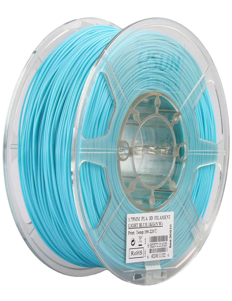 ESUN PLA-пластик в катушке, Light Blue (PLA175D1)PLA175D1 ESUN PLA-пластик в катушке, Light Blue (PLA175D1)PLA175D1Пластик PLA от ESUN долговечный и очень прочный полимер, ударопрочный, эластичный и стойкий к моющим средствам и щелочам. Один из лучших материалов для печати на 3D принтере. Пластик не имеет запаха и не является токсичным. Температура плавления190-220°C. PLA пластик для 3D-принтера применяется в деталях автомобилей, канцелярских изделиях, корпусах бытовой техники, мебели, сантехники, а также в производстве игрушек, сувениров, спортивного инвентаря, деталей оружия, медицинского оборудования и прочего.Диаметр нити: 1.75 мм