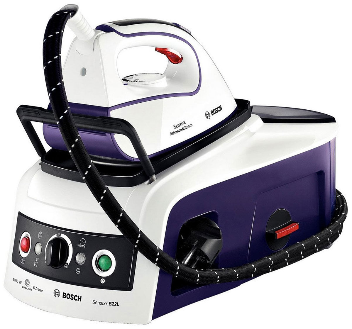 Bosch TDS2241, White Purple гладильная системаTDS2241 Bosch TDS2241, White Purple гладильная системаTDS2241Паровая станция Bosch TDS2241 мощно оглаживает ваше белье, не оставляя ни одной морщинки, а кроме того, ее очень удобно и безопасно переносить. Мощное давление подачи пара со встроенной системой безопасности составляет 5 бар. Система SecureLock закрепляет утюг на станции для большей надежности при транспортировке и хранении.Ultimate250 PulseSteam: мощный глубокий пар с тремя интенсивными паровыми ударами до 250 грамм служит для оптимального проникновения в ткань. Подошва CeraniumGlissee с каналами для подачи пара и трехфазовым дизайном отверстий создана для оптимального распространения пара и идеального скольжения.Система advanced steam system для быстрой глажкиeco-button: экономия энергии до 25 % и воды до 40 %CalcnClean Advanced: специальная шкала коллектора, которая легко снимается для быстрой и легкой очистки паровой станцииРезиновые ножкиСъемная нескользящая подставка для утюгаСигнализатор рабочего состоянияМощность бойлера: 1 500 ВтМатериал бойлера: нержавеющая стальИндикатор отсутствия водыИндикатор готовности к использованию параСтупенчатая регулировка уровня подачи пара