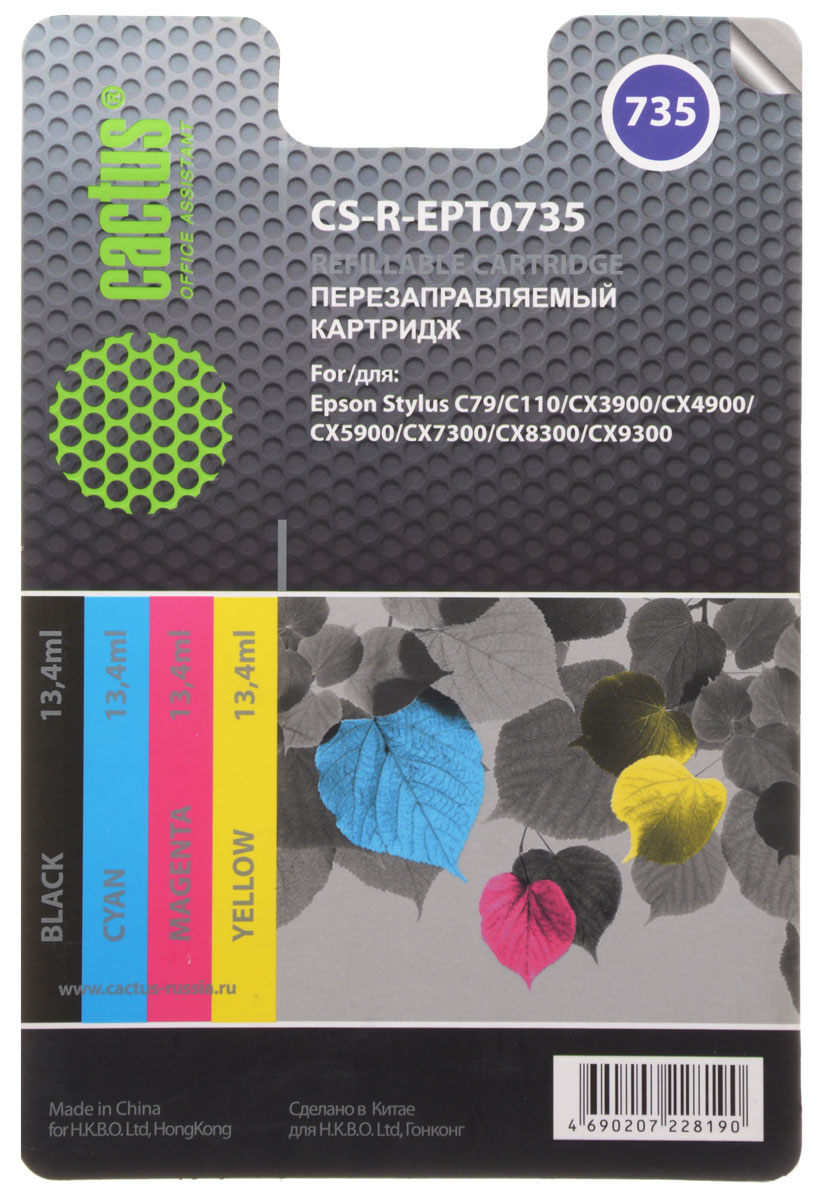 Cactus CS-R-EPT0735, Color комплект картриджей для Epson Stylus С79/C110/СХ3900CS-R-EPT0735 Cactus CS-R-EPT0735, Color комплект картриджей для Epson Stylus С79/C110/СХ3900CS-R-EPT0735Комплект перезаправляемых картриджей Cactus CS-R-EPT0735 предназначен специально для принтеров Epson Stylus С79/C110/СХ3900/CX4900/CX5900/CX7300.
