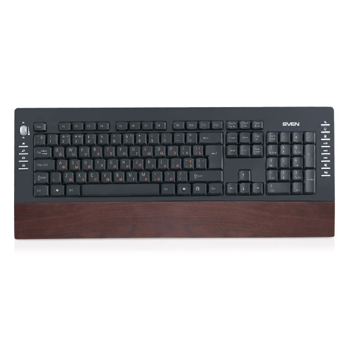 Sven Comfort 4200, Wood клавиатураSV-03104200UW Sven Comfort 4200, Wood клавиатураSV-03104200UWКлавиатура из серии Сomfort для тех, кто много времени проводит за компьютером. Тонкая конструкция, высококачественная мембрана, приятная наощупь прорезиненная поверхность – модель SVEN Comfort 4200 создана для того, чтобы уменьшать нагрузку на руки. В устройстве предусмотрена подставка для запястий рук. Смотрится она очень стильно за счет своего исполнения - под дерево или под карбон. Буквы на печатной раскладке имеют приятный охристый окрас.Если сомневаетесь в термине или хотите найти больше информации о теме – нажмите клавишу быстрого вызова браузера, расположенную слева от рабочей зоны клавиатуры. Домашняя интернет-страница запустится самостоятельно без обращения к соответствующей иконке на рабочем столе монитора и дополнительных манипуляций с мышкой. Кстати, прокручивать страницы сайтов можно и с помощью клавиатуры. В левом верхнем углу специально для этих целей предусмотрено колесо прокрутки. Модель имеет также клавиши быстрого доступа к Мультимедиа (запуск проигрывателя, уменьшить / увеличить громкость, MUTE, воспроизведение / пауза) и офисным приложениям. Они расположены справа от рабочей зоны клавиатуры.Ну, а если воображение разыгралось, и работа затянулась до глубокой ночи? Вы не помешаете своим домочадцам спокойно спать и видеть сладкие сны даже в 5 часов утра. Пониженный уровень шума делает нажатие кнопок практически бесшумным.SVEN Comfort 4200 – это стильная мультимедийная клавиатура как для деловых, так и творческих людей!