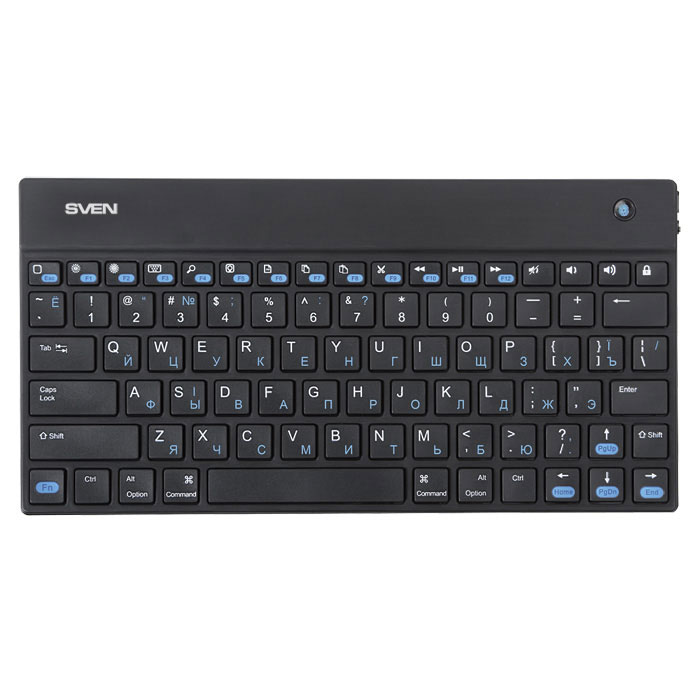 Sven Comfort 8500 Bluetooth клавиатураSV-03108500BT Sven Comfort 8500 Bluetooth клавиатураSV-03108500BTЕсли вам нужно компактное и эргономичное устройство ввода для использования его в связке с планшетом или смартфоном – обратите внимание на Sven Comfort 8500 Bluetooth. Клавиатура имеет беспроводную технологию подключения. По своим размерам модель больше походит на небольшую книжку, поэтому при желании её можно брать с собой в поездку. Весит устройство не более 200 г. Словно кусочек торта, который обычно подают в кафе в качестве десерта. Несмотря на миниатюрный вид, данная модель не уступает обычным клавиатурам по своей функциональности. Наличие мультимедийных клавиш тому подтверждение. Пользователь может переключать треки, регулировать громкость воспроизведения, открывать почту и загружать браузер. Также стоит отметить длительное время работы моделей без подзарядки. Этот срок составляет порядка месяца, так как в устройство встроена аккумуляторная батарея.