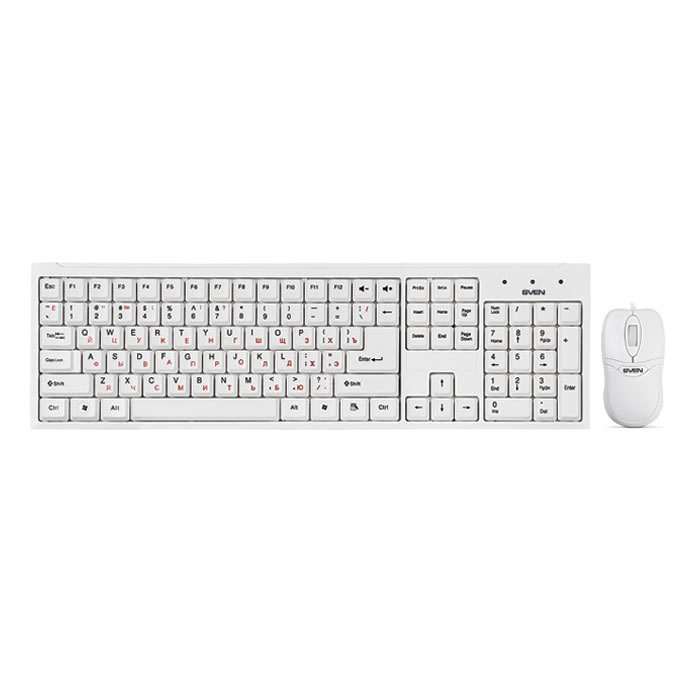 Sven Standard 310 Combo USB, White клавиатура + мышьSV-03100310UW Sven Standard 310 Combo USB, White клавиатура + мышьSV-03100310UWНабор клавиатура + мышь Sven Standard 310 Combo имеют эргономичный дизайн.Клавиатура снабжена стандартным набором клавиш и двумя дополнительными клавишами для регулировки уровня звука, а также клавишами для управления питанием ПК. Мышь, входящая в комплект, имеет оптический сенсор с разрешением 800 dpi. Комплект подключается через интерфейс USB.