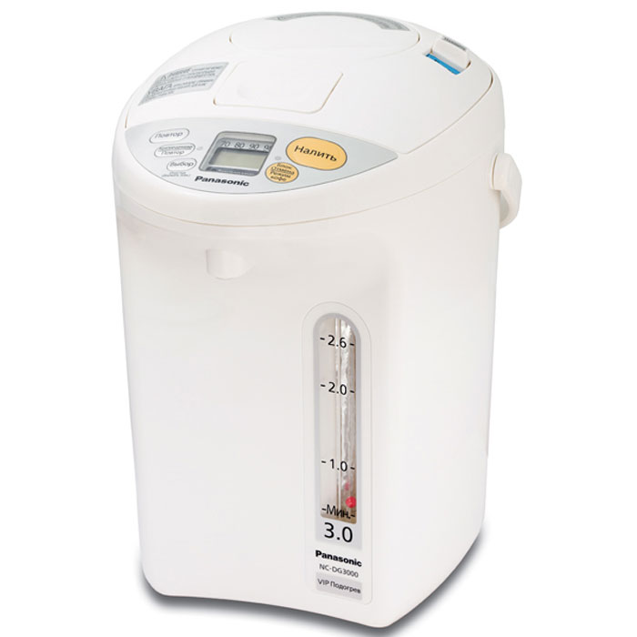 Panasonic NC-DG3000WTS термопотNC-DG3000WTS Panasonic NC-DG3000WTS термопотNC-DG3000WTSТермопот Panasonic NC-DG3000WTS оснащен четырьмя регулировками температурного режима:98° / 90° / 80° / 70°. Функция медленной подачи воды предназначена специально для приготовления кофе. Легкоочищаемое антипригарное внутреннее покрытие позволит вам с легкостью очистить устройство, а функция длительного кипячения позволит снизить содержание хлора в воде.Вакуумная изоляционная панель U-VIPСпециальное угольное покрытие BINCHO4 / 5 / 6 / 7 / 8 / 9 / 10 – часовой таймерКомпактный вращающийся на 360° корпус
