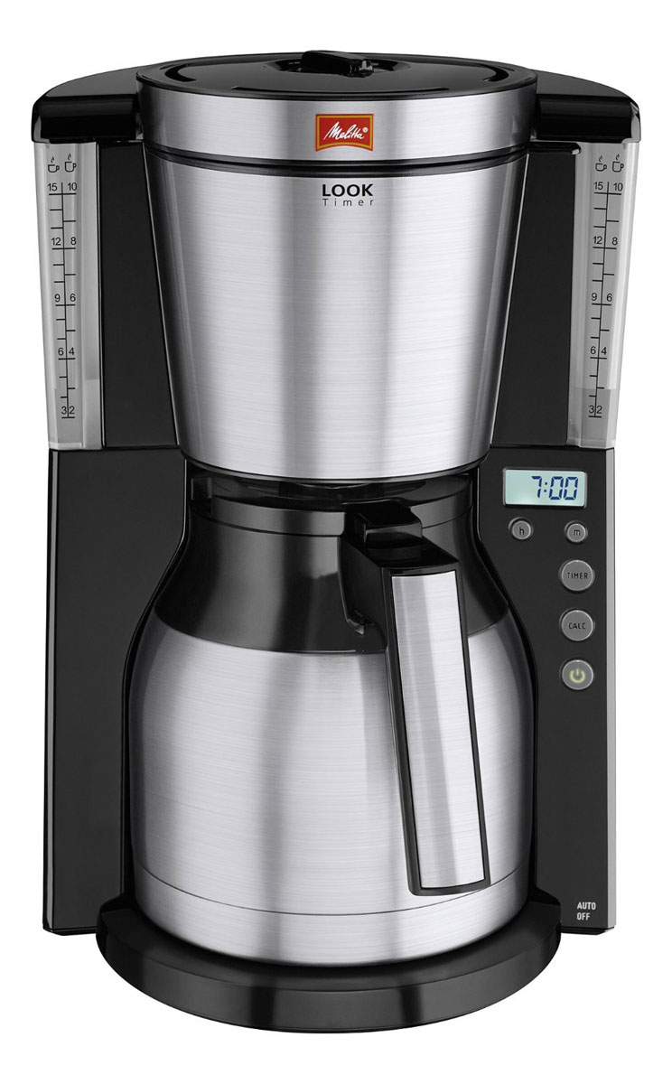 Melitta Look IV Therm Timer, Black кофеварка21264 Melitta Look IV Therm Timer, Black кофеварка21264Новая Melitta LOOK Therm Timer впечатляет практичной функцией таймера. Свежесваренный кофе будет готов в то время, которое вы установите.Рассчитана на 10/15 чашек Размер кофейных фильтров Melitta 1x4Цифровой дисплей с таймеромЭлегантные элементы из нержавеющей стали на держателе фильтра, ручке и крышке фильтраПрограммируемый уровень жесткости воды Запатентованный AromaSelectorПротивокапельная система Drip stopНебьющийся термо-кувшин удобно использовать одной рукойПрозрачная ёмкость для водыПротестировано на безопасность по правилам ОНЭ