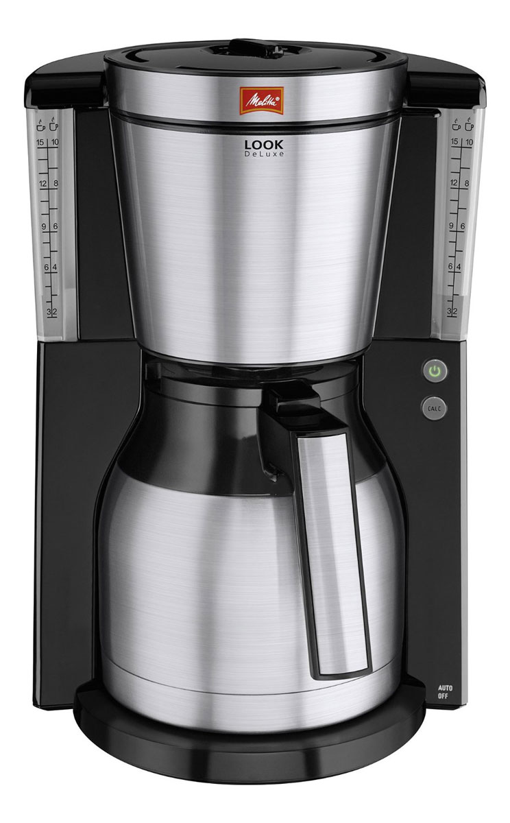 Melitta Look IV Therm DeLuxe, Black кофеварка21266 Melitta Look IV Therm DeLuxe, Black кофеварка21266Кофеварка Melitta Look IV Therm DeLuxe имеет великолепный вид и элементы из высококачественной нержавеющей стали.Рассчитана на 10/15 чашек Размер кофейных фильтров Melitta 1x4Элегантные элементы из нержавеющей стали на держателе фильтра, ручке и крышке фильтраПрограммируемый уровень жесткости воды Запатентованный AromaSelectorПротивокапельная система Drip stopНебьющийся термо-кувшин удобно использовать одной рукойПрозрачная ёмкость для водыПереключатель on/off с подсветкойПротестировано на безопасность по правилам ОНЭ