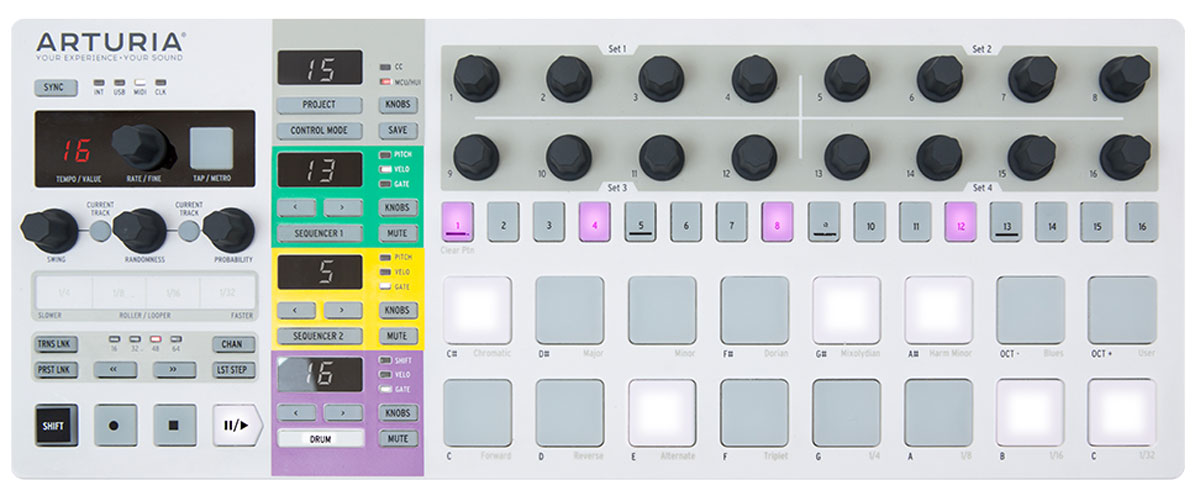 Arturia BeatStep Pro MIDI-контроллерBEATSTEP PRO Arturia BeatStep Pro MIDI-контроллерBEATSTEP PROArturia BeatStep Pro - MIDI-контроллер мирового класса для сцены или студии. Она сочетает функционал управления DAW или внешними устройствами, а также встроенные возможности MIDI/CV-Gate секвенсора. В режиме контроллера устройство отличается невероятной гибкостью и позволяет передавать MIDI, Cv-gate или даже RPN-NRPN сообщения.В режиме секвенсора, Arturia BeatStep Pro имеет 3 встроенных линии секвенсора длиной до 64 шагов: 2 мелодических и 1 перкуссионная. Каждая из линий может содержать до 32 паттернов. Кроме того, секвенсоры Arturia BeatStep Pro позволяют записывать такие параметры, как velocity или note length! Также имеются настройки свинга, рандомайзер, и множество других новых возможностей.MIDI-контроллер оснащен всеми необходимыми разъёмами, включающими USB, Cv-Gate и MIDI входы и выходы для максимальной гибкости в использовании. запись в реальном времени при использовании пэдов и кнопок, используемых для активации классического барабанного оборудования при воспроизведении. Функции управления делают доступным запуск клипов с выбранной рабочей станции.2 встроенных мелодических секвенсора на 64 шага + один 16-дорожечный барабанный Gate-секвенсор32 вариации секвенции для каждой линии в каждом из проектовВозможность записи секвенций в реальном времени с помощью исполнения на пэдахЗапись параметров velocity и gate timeВозможность транспонирования отдельных секвенций или целого проектаИндивидуальная регулировка параметра swing для каждой дорожкиВозможность синхронизации темпа по USB, MIDI или CV CLOCK портам + встроенный clock-генераторПамять на 16 проектовСекция лупера с сенсорным слайдером для создания ярких перебивок и ритмических вставокРазъемы: разъемы Clock In/Out, 6 CV/Gate выходов (pitch, velocity, gate), 8 дополнительных триггерных Gate-выходов