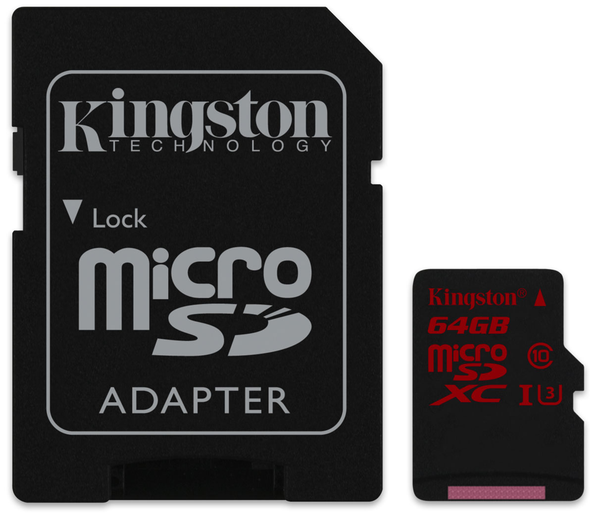 Kingston microSDXC Class 10 UHS-I U3 64GB карта памятиSDCA3/64GB Kingston microSDXC Class 10 UHS-I U3 64GB карта памятиSDCA3/64GBКарта памяти microSDXC UHS-I U3 (Ultra High-Speed Bus, Speed Class3) компании Kingston обеспечивает впечатляющую скорость работы для записи видео кинематографического качества в формате Full HD (1080p), UltraHD (2160p), 3D и 4K2K. Они отлично подходят для высокопроизводительных компактных устройств, таких как смартфоны и портативные цифровые видеокамеры. Благодаря скорости чтения 90 МБ/с и скорости записи 80 МБ/сони позволяют быстрее редактировать и загружать файлы, в особенности при использовании устройств чтения карт памяти USB 3.0 компании Kingston, в том числе MobileLite G4 и Media Reader. Повышенные минимальные скорости записи гарантируют целостность видео благодаря снижению задержек и позволяют делать серии снимков.Компактные размеры карт памяти позволяют расширять память многих современных планшетов, смартфонов и экшн-камерЭта универсальная карта памяти водонепроницаема, ударостойка и виброустойчива, имеет защиту от рентгеновского излучения и от экстремальных температур. Фотографы могут положиться на надежностьэтой карты памяти.