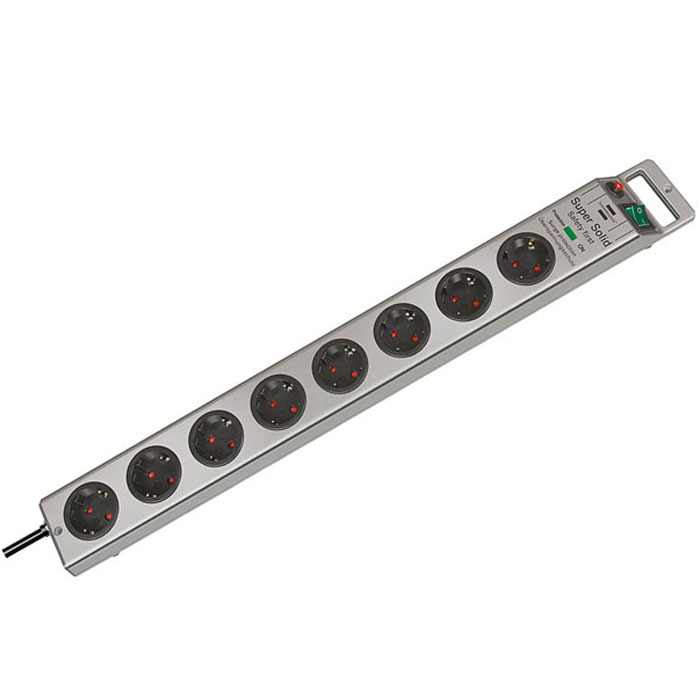 Brennenstuhl Super-Solid сетевой фильтр 8 розеток 13500 A, Silver1153340318 Brennenstuhl Super-Solid сетевой фильтр 8 розеток 13500 A, Silver1153340318Сетевой фильтр на 8 розеток Brennenstuhl Super-Solid защищает оборудование от скачков напряжения.Гнезда изготовлены из прочного пластикаДвухполюсный выключатель с подсветкойЗаземленные розеткиРозетки расположены под углом 45° что позволяет подключать крупные штекеры и блоки питанияВозможность крепления фильтра к стенеУдобное расположение кнопки включения и кабеляНескользящие резиновые накладки на нижней части корпусаНадёжная защита от помех и скачков напряжения до 13500 АТип кабеля: H05VV-F 3G1,5
