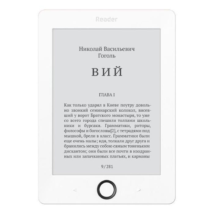 Reader Book 1, White электронная книгаRB1-WB-RU Reader Book 1, White электронная книгаRB1-WB-RUReader Book 1 - качественная и эргономичная электронная книга в компактном корпусе с минималистичным дизайном. Простой и понятный интерфейс с удобным управлением, а также внушительное время автономной работы обеспечат максимально комфортное чтение ваших любимых книг в электронном виде.Шестидюймовый экран E Ink Pearl HD с разрешением 1024х758 точек позволяет читать с максимальным комфортом для глаз. Внутри устройства установлен процессор с тактовой частотой 1 ГГц, а также 256 МБ оперативной памяти. Для хранения файлов предусмотрено 4 ГБ встроенной памяти, которую можно расширить с помощью карт памяти microSD объемом до 32 ГБ.