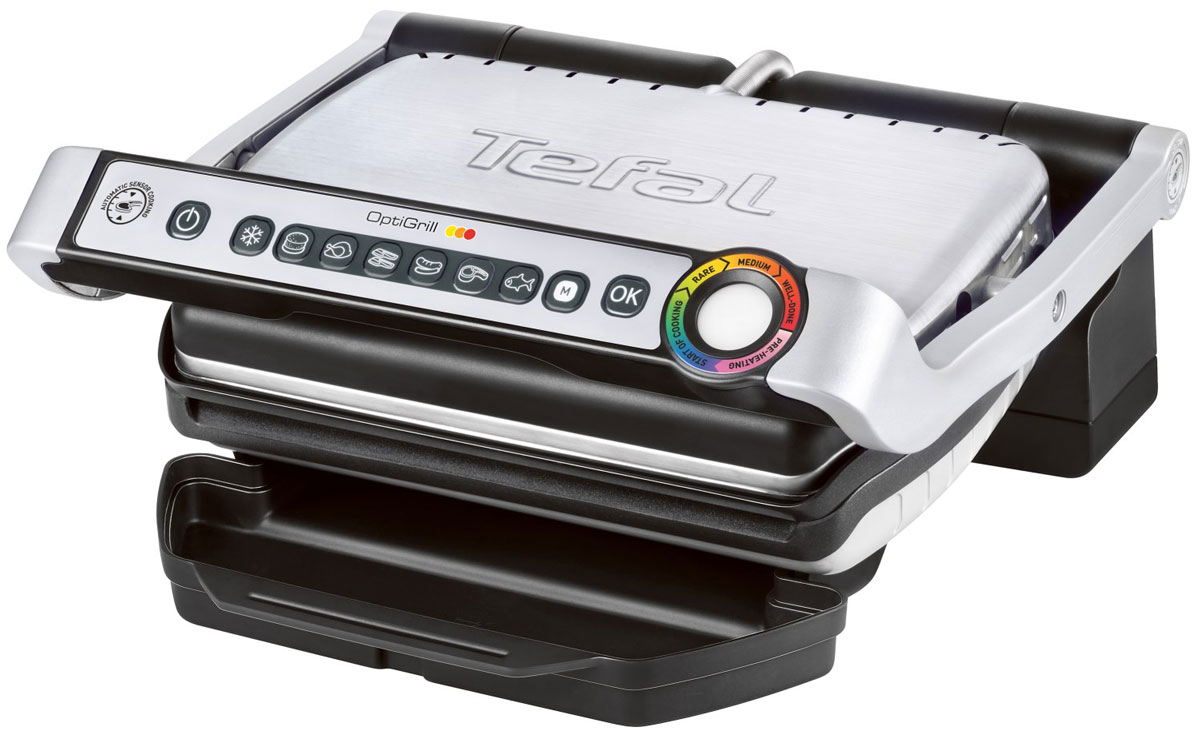 Tefal GC702D34 электрогрильGC702D Tefal GC702D34 электрогрильGC702DTefal GC702D34 - первый в мире гриль, который измеряет толщину куска мяса и определяет автоматически желаемый уровень прожарки. Уникальная запатентованная технология: автоматический сенсор регулирует температуру в зависимости от величины и толщины куска мяса, индикатор степени прожарки помогает визуализации процесса приготовления.6 автоматических программ с адаптированной температурой и циклами жарки предназначены для приготовления бургеров, птицы, бекона (панини), сосисок, мяса или рыбы.Датчик измерения толщины и регулировки температуры6 программ (гамбургер, птица, бекон / панини, сосиски, мясо, рыба) + ручные программыПростота обслуживанияПластины и поддон легко мыть в посудомоечной машинеУгол наклона панели - 7° (для стекания жира и легкой очистки)Поверхность гриля – 600 кв. см