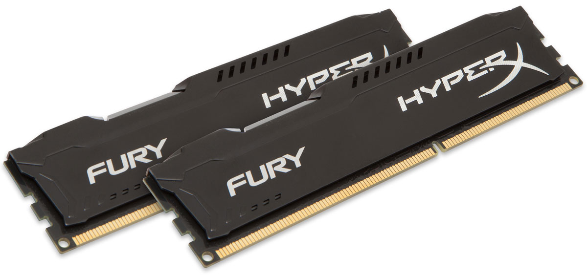 Kingston HyperX Fury DDR3 1866 МГц 2х8GB, Black комплект оперативной памяти (HX318C10FBK2/16)HX318C10FBK2/16 Kingston HyperX Fury DDR3 1866 МГц 2х8GB, Black комплект оперативной памяти (HX318C10FBK2/16)HX318C10FBK2/16Модули памяти Kingston HyperX FURY DDR3 автоматически разгоняются до максимальной заявленной частоты, а простота иавтоматическая конфигурируемость позволяют быстрее включаться в игру и мгновенно выходить на высочайшие скорости, необходимые для победы. Благодаря низкому напряжению (от 1,35 В) потребляется меньше энергии и выделяется меньше тепла, при этом поддерживаются новые чипсеты Intel 100 Series. Ассиметричный и агрессивный дизайн модулей, а также высококачественный алюминий и граненая отделка позволят вам выделиться среди стандартных квадратных конструкций.