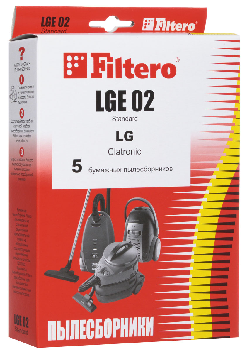 Filtero LGE 02 Standard пылесборник (5 шт)LGE 02 (5) Standard Filtero LGE 02 Standard пылесборник (5 шт)LGE 02 (5) StandardОдноразовые бумажные мешки для пылесосов Filtero LGE 02 Standard сделаны из высококачественной многослойной фильтровальной бумаги, которая пропускает воздух, но задерживает даже самые маленькие частицы пыли.Бумажные мешки для пылесосов защищают двигатель от основного потока пыли, а, следовательно, и от перегрева вследствие засорения и преждевременного износа. Они предназначены для одноразового использования и прекрасно подходят для уборки в больших помещениях.Пылесборники подходят для следующих моделей пылесосов:LG43... Limpio44... Limpioнапример:4440 Limpio45... Limpio V 28...например:V 2810 TEV 40...V 44...V 45...V-C 43...CLATRONIC BS 1206