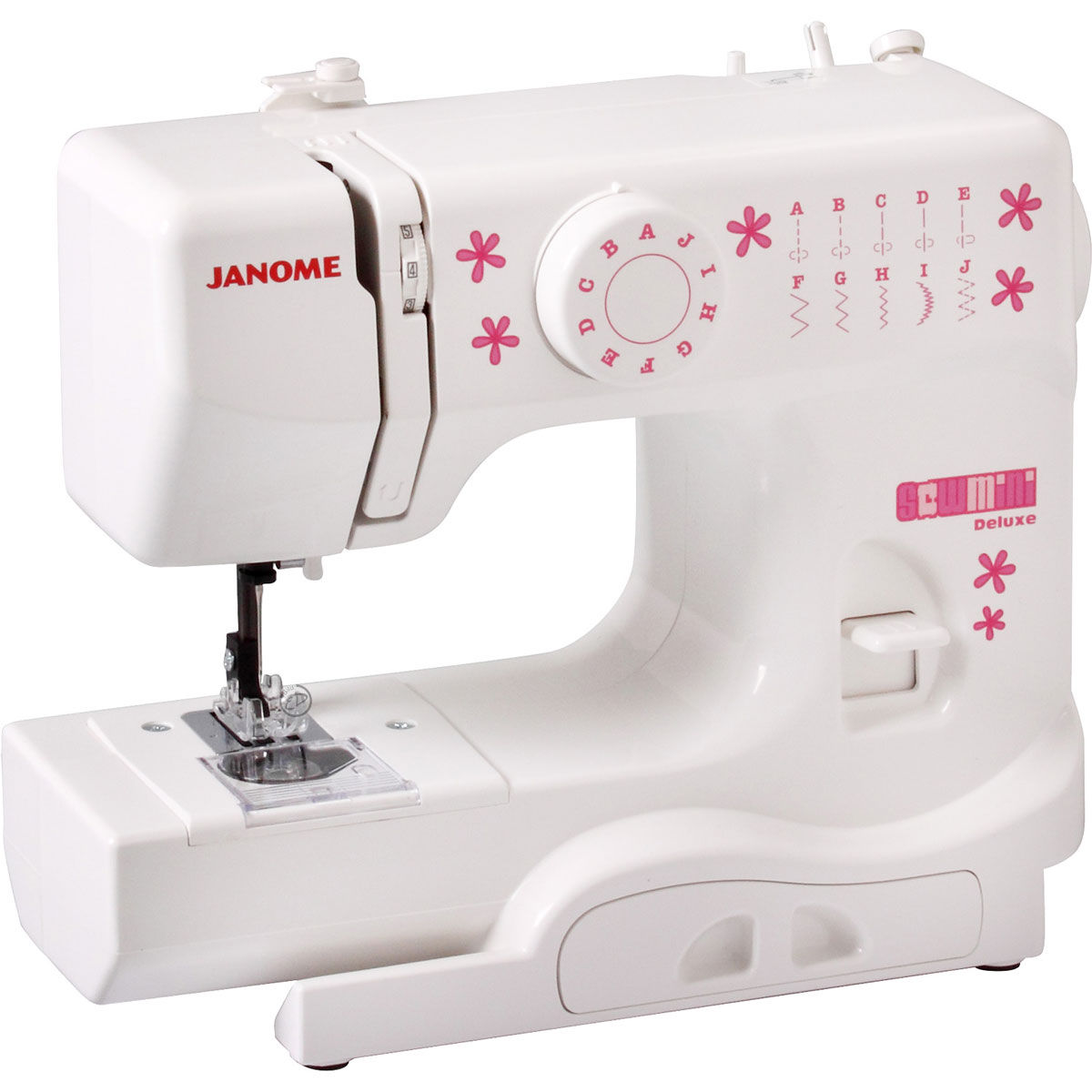 Janome Sew Mini Deluxe швейная машинаSew Mini Deluxe Janome Sew Mini Deluxe швейная машинаSew Mini DeluxeЭлектромеханическая детская швейная машинка Janome Sew Mini Deluxe имеет малый вес - 2,6 кг и небольшие размеры, что дает возможность разместить устройство в любом уголке. Горизонтальный вращающийся челнок, как у взрослых моделей, позволит ребенку научиться заправлять машинку и шить на ней за очень короткое время. Прижимная лапка Janome Sew Mini Deluxe выполнена в такой форме, что ребенок, направляя ткань, не сможет подставить палец под иглу во время работы! На корпусе находится удобный выдвижной отсек для хранения всяких полезных швейных мелочей. Если вы ищете оригинальный и интересный подарок вашим детям, Janome Sew Mini Deluxe станет для вас и вашего ребенка очень полезным приобретением! Очень толстые и трикотажные ткани эта машинка обрабатывать не может.Размеры рукавной платформы (длина/обхват): 4/28 смШирина гребенки транспортера: 14 ммВысота подъема лапки (нормальная/максимальная): 4/8Автостоп при намотке нитки на шпулькуСтандарт игл: 130/705H
