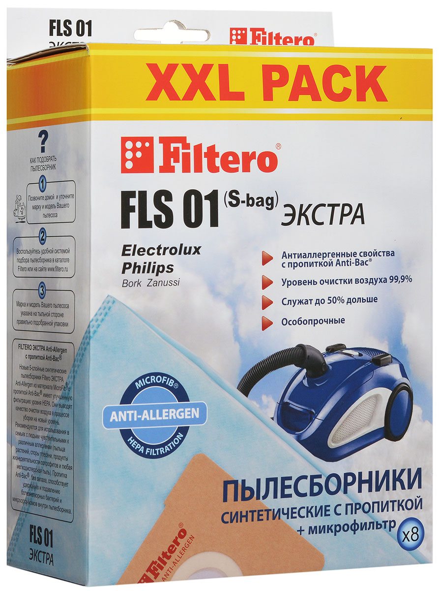 Filtero FLS 01 (S-bag) XXL Pack Экстра пылесборник (8 шт)FLS 01 (S-bag) (8) XXL PACK ЭКСТРА Filtero FLS 01 (S-bag) XXL Pack Экстра пылесборник (8 шт)FLS 01 (S-bag) (8) XXL PACK ЭКСТРАМешки-пылесборники Filtero FLS 01 (S-bag) XXL Pack экстра Anti-Allergen произведены из синтетического микроволокна MicroFib с антибактериальной пропиткой Anti-Bac. Очень прочные, они не боятся острых предметов и влаги, собирают больше пыли (до 50%) и обеспечивают уровень очистки воздуха 99,9%, а также задерживают бактерии и препятствуют их распространению. При этом мощность всасывания пылесоса сохраняется в течение всего периода службы пылесборника.Electrolux:EEQ 20 X Equipt, EEQ 30 X EquiptES All Floor, ES Animal, ES Classic, ES Origin, ES ParkettoJM Animal JetMaxx, JM OriginUO All Floor, UO Deluxe, UO Origin DB, UO PowerUS All Floor, US Deluxe, US Energy, US Origin DBXXL 95 Ergospace, XXL 110, XXL 125, XXL 130, XXL 150, XXL 170XXL TT 11 Ergospace TwintechXXL TT 12 Ergospace TwintechXXL TT 14 Ergospace TwintechZ 1900 - Z 2095 Clario Z 3300 Special EditionZ 3300 - Z 3395 Ultra Silencer (например: Z 3353 Ultra Silencer) Z 4500 - Z 4595 Bolido Z 5000 - Z 5095 Smartvac Z 5200 - Z 5295 Excellio (например: Z 5225 Excellio)Z 5500 - Z 5695 Oxygen Z 5900 - Z 5995 Oxygen Z 6200 - Z 6201 Mondo Plus Z 7320- Z 7350 Oxygen Z 7510 - Z 7549 ClarioZ 8800 - Z 8870 Ultra One (например: ZG 8800 Ultra One Green)ZAM 6100 - ZAM 6299 Air MaxZAP Origin WZCS 2000 - ZCS 2590 Classic SilenceZE 300 - ZE 390 Ergospace (например: ZEG 301 New Ergospace Green)ZE 2200 - ZE 2295 Ergospace ZEO 5410 - ZEO 5490 EssensioZJM 6800 - ZJM 6890 Jet Maxx (например: ZJM 68 FD 1 Jet Maxx)ZJMG 6800 Jet Maxx GreenZO 6300 - ZO 6399 Oxy3system ZP 3510 - ZP 3525 Clario 2ZP 4000 - ZP 4020 ErgoclassicZPF 2200 - ZPF 2230 Power Force (например: ZPF 2220 Power Force)ZSP Classic Silent PerformerZSP Parkett Silent PerformerZSP Reach Silent PerformerZSP AllFloor Silent PerformerZUO All Floor, ZUO Deluxe, ZUO Origin DB, ZUO Power, ZUO Quattro, ZUS 3000 - ZUS 3388 Ultra Silencer (например: ZUS 3387 Ultra Silencer) ZUS 3900 - ZUS 3999 Ultra Silencer ZUSG 3901 New Ultra Silencer GreenZV 1020 - ZV 1040 Viva Control ZVQ 2100 - ZVQ 2109 Viva Quick Stop ZXM 7010 - ZXM 7030 MAXimus (например: ZXM 7020 MAXimus);PhilipsFC 8130 - FC 8139 Easy LifeFC 8200 - FC 8219FC 8230 Small StarFC 8380 - FC 8389 Impact Plus FC 8390 - FC 8399 Impact Excel (например: FC 8396)FC 8400 - FC 8449 Cityline FC 8450 - FC 8459FC 8580- FC 8589 (например:FC 8588 Performer Active)FC 8600 - FC 8629 Expression (например: FC 8604 Expression)FC 8650 - FC 8669FC 8900 - FC 8919 Home HeroFC 9000 - FC 9049 Universe FC 9050 - FC 9079 JewelFC 9080 - FC 9089 StudioFC 9100 - FC 9130 Specialist (например: FC 9102 Specialist Reach & Clean) FC 9150 - FC 9179 PerformerFC 9180 - FC 9199 Performer ProFC 9300 - FC 9319 Silent StarHR 8300 - HR 8349 Expression HR 8350 - HR 8399 Impact HR 8368 - HR 8399 Cityline HR 8500 - HR 8599 Mobilo (например: HR 8572 Mobilo Plus);AEGP1 - P 999 Sistem Pro,AVC 1131 - AVC 1170 Viva Control,AVQ 2112, AVQ 2113 Quick Stop,Ultra Tyger, VCEK 4180;BorkVC 9016, VC 9118 Sl, VC 9818 Bl, VC 9919 Bk , VC 9926,V 510, V 511;ZanussiZAN 3600, ZAN 3610, ZAN 3625ZAN 4610, ZAN 4620, ZAN 4640